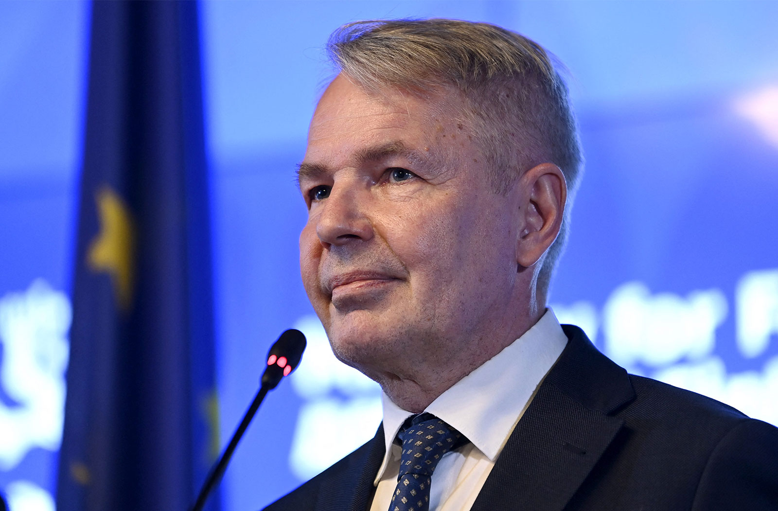 Finland's Foreign Minister Pekka Haavisto addresses a joint press conference with his French counterpart in Helsinki, Finland, on March 31. 