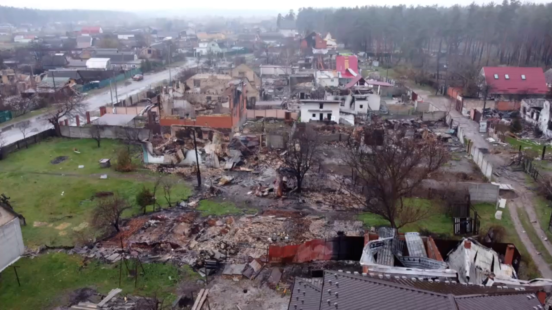 This drone footage shows the devastation in Moschun.