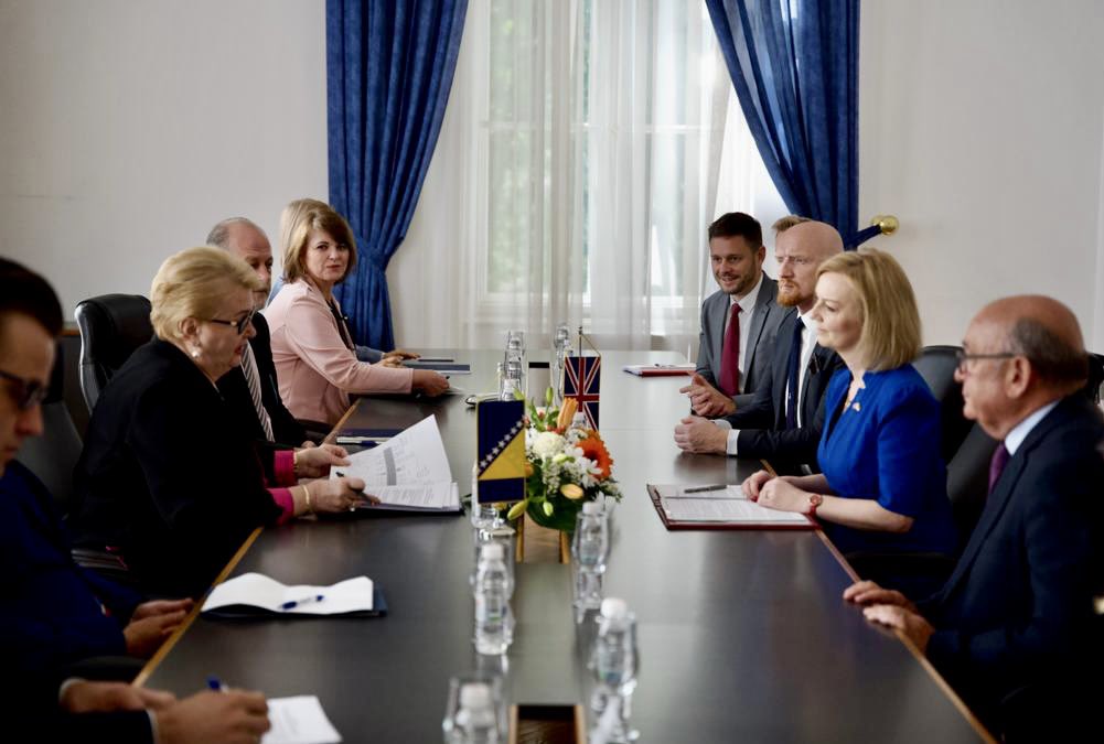 British Foreign Secretary Liz Truss tweeted this picture of her in Sarajevo meeting Bosnia and Herzegovina Foreign Minister Bisera Turković on May 26.