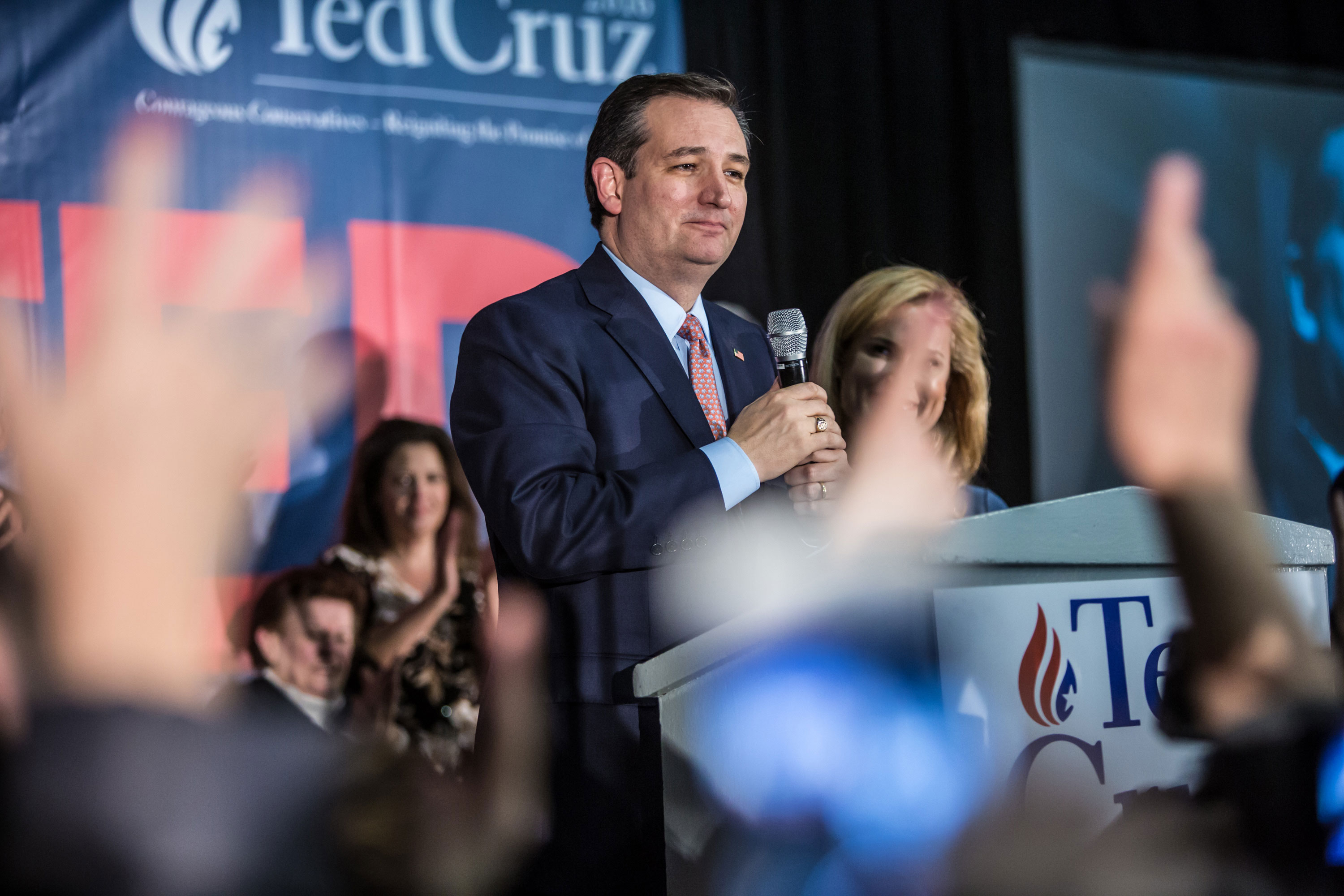 Republican presidential candidate Sen. Ted Cruz speaks to supporters on caucus night in February 2016 in Des Moines.
