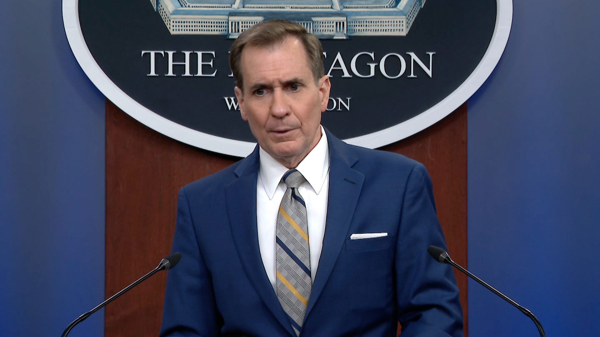 Pentagon spokesperson John Kirby speaks with reporters during a briefing at the Pentagon on Wednesday March 30. 