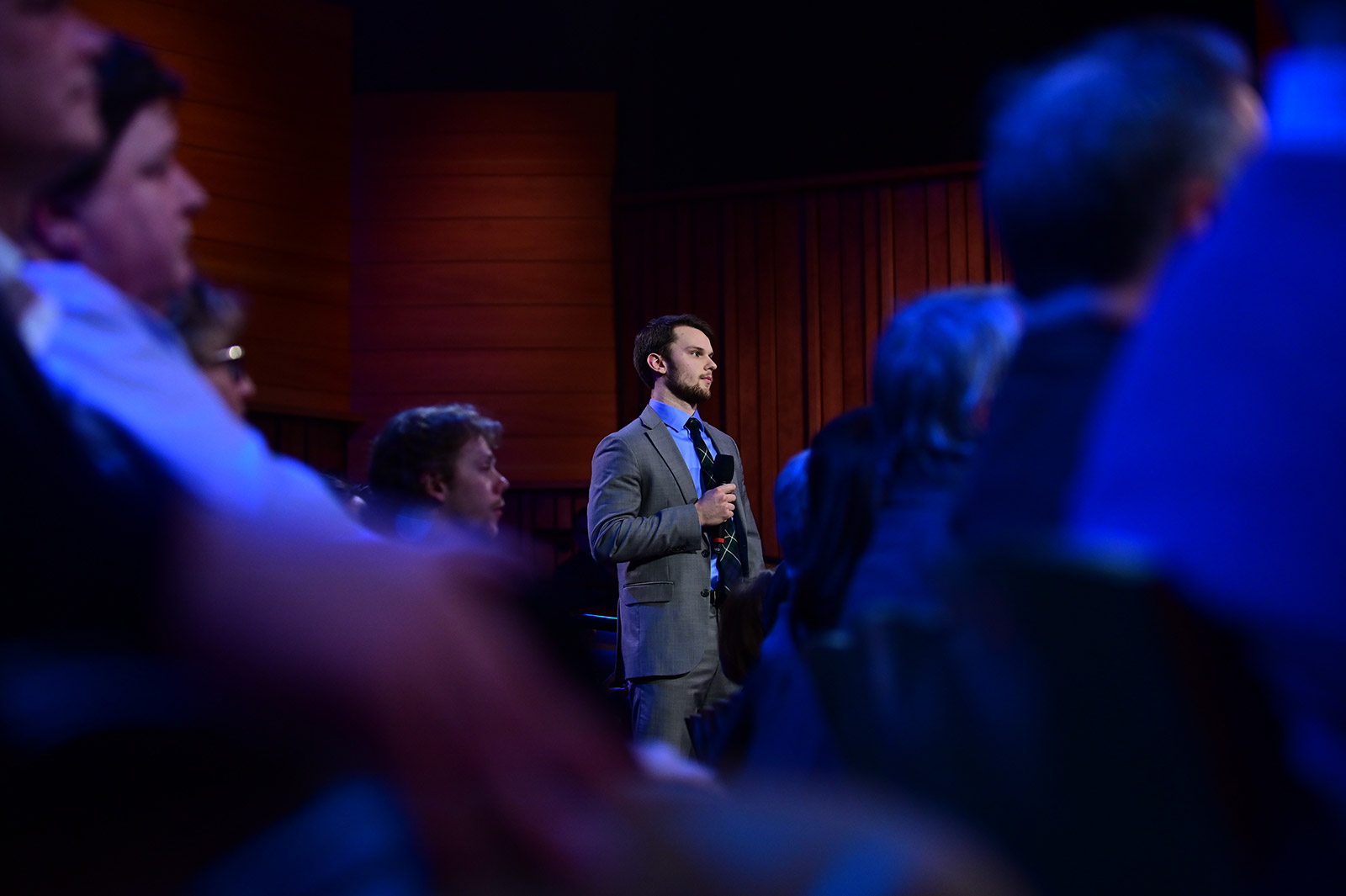 An audience member asks a question during the town hall.