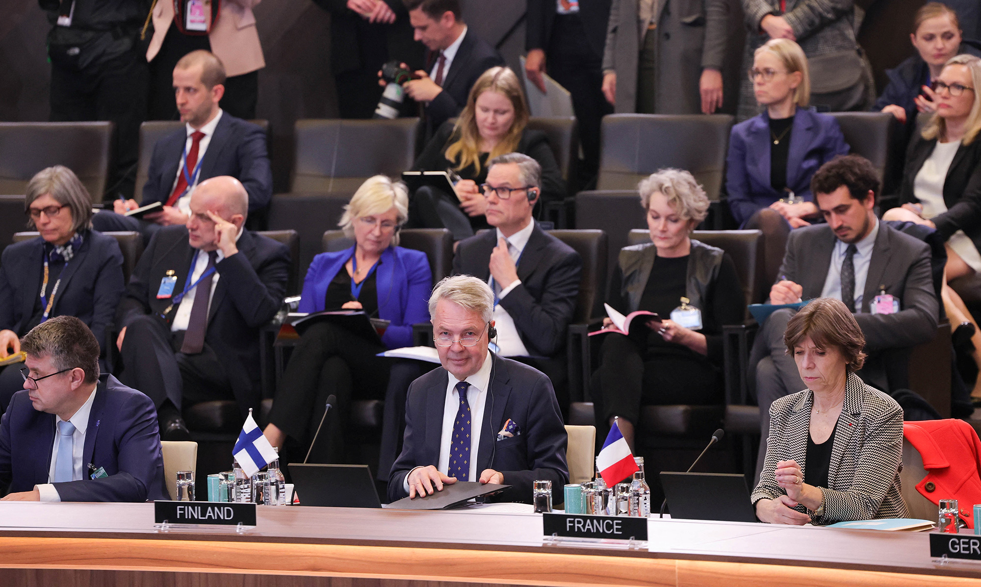 Finnish Foreign Minister Pekka Haavisto attends the NATO foreign ministers' meeting at NATO headquarters in Brussels, on Tuesday, April 04.