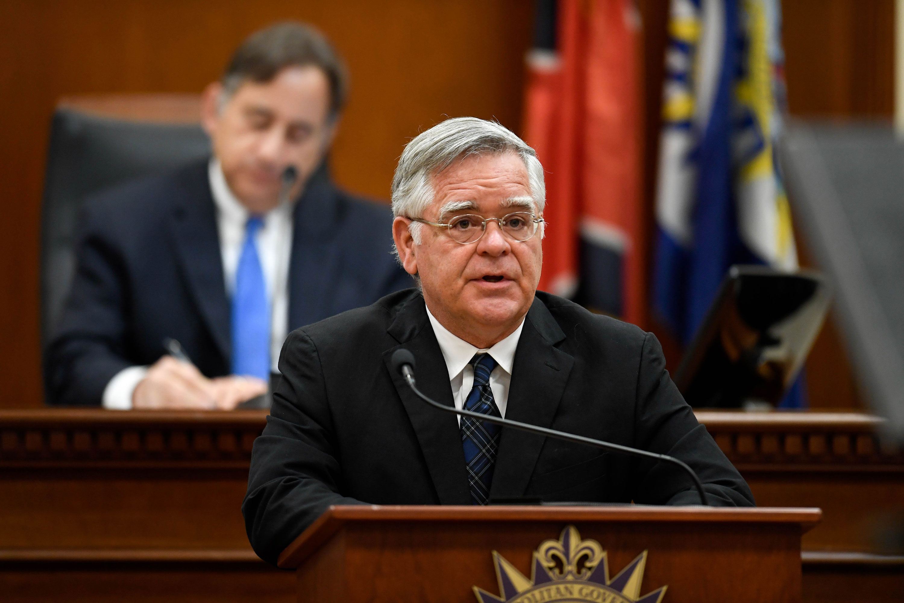 Nashville Mayor John Cooper delivers the State of Metro Address from the Council Chambers at the Metro Courthouse on March 31 in Nashville.