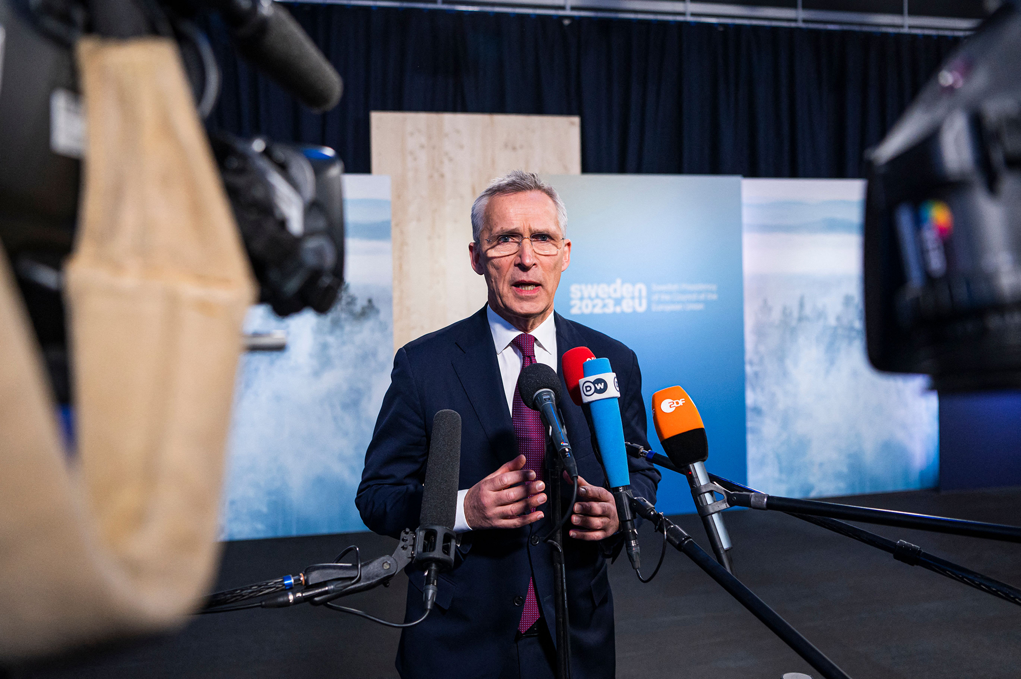 NATO Secretary General Jens Stoltenberg speaks to the press upon arrival to the informal meeting of EU Defence Ministers on March 8, in Marsta, Sweden.