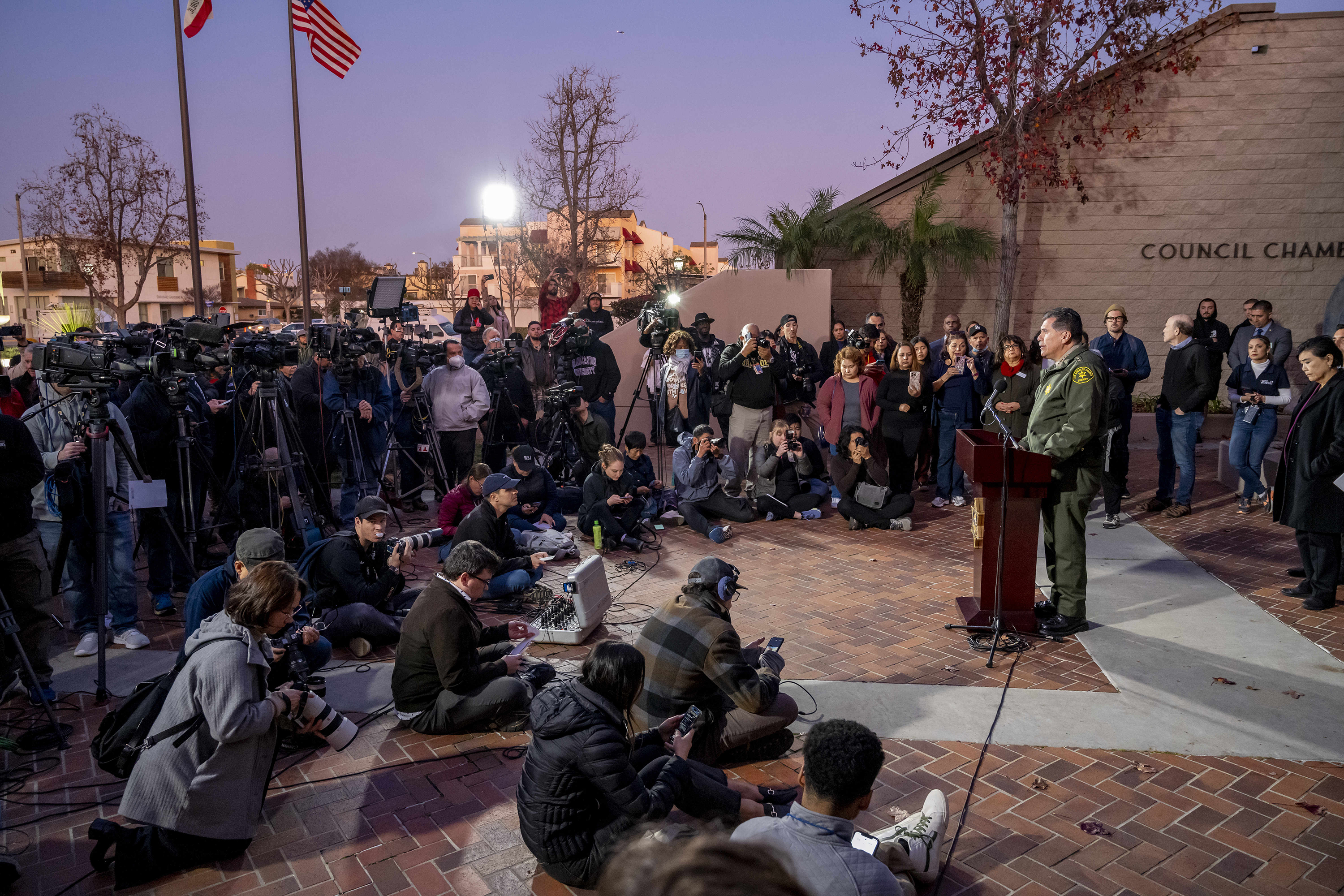 Los Angeles County Sheriff Robert Luna, at podium, holds a press conference outside Monterey Park City Hall in Monterey Park on Sunday.