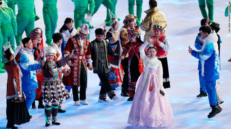 A dress worn during the opening ceremony by a performer, second from right, sparked outrage in South Korea.
