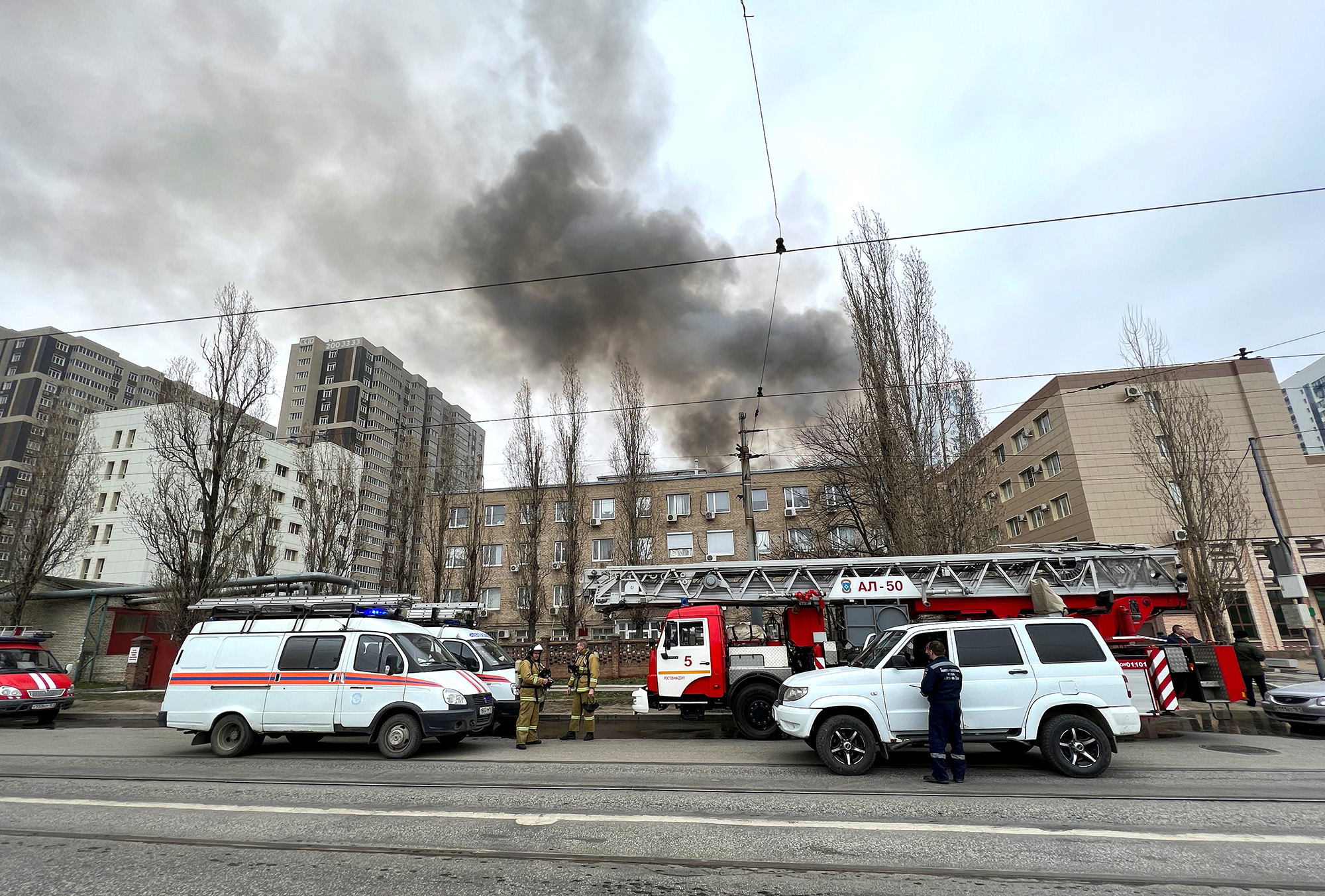 Smoke rises near a building belonging to the border patrol section of Russia's FSB federal security service in the southern city of Rostov-on-Don, Russia, on March 16.