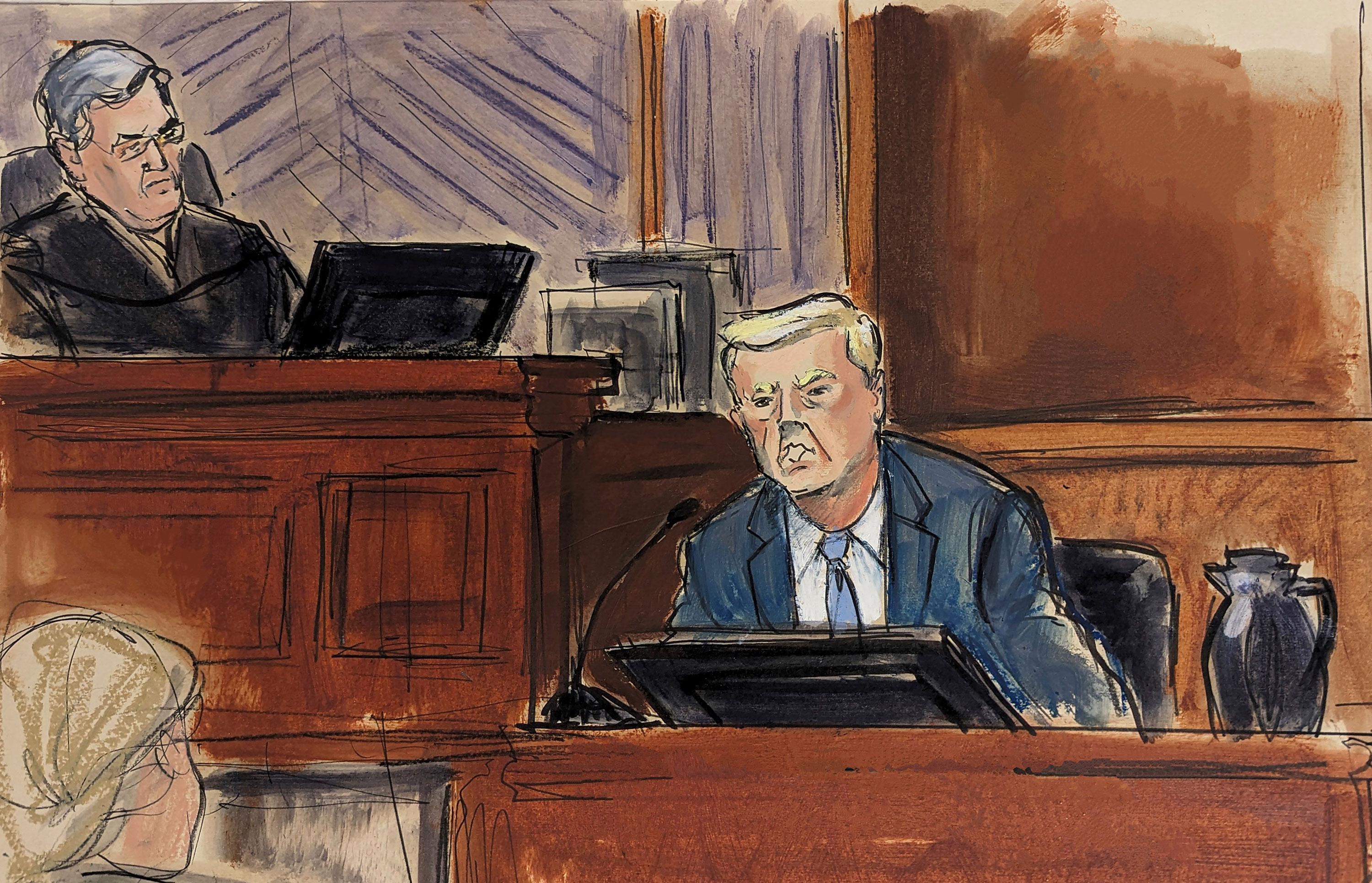 Donald Trump testifies on January 25, in this courtroom sketch. 