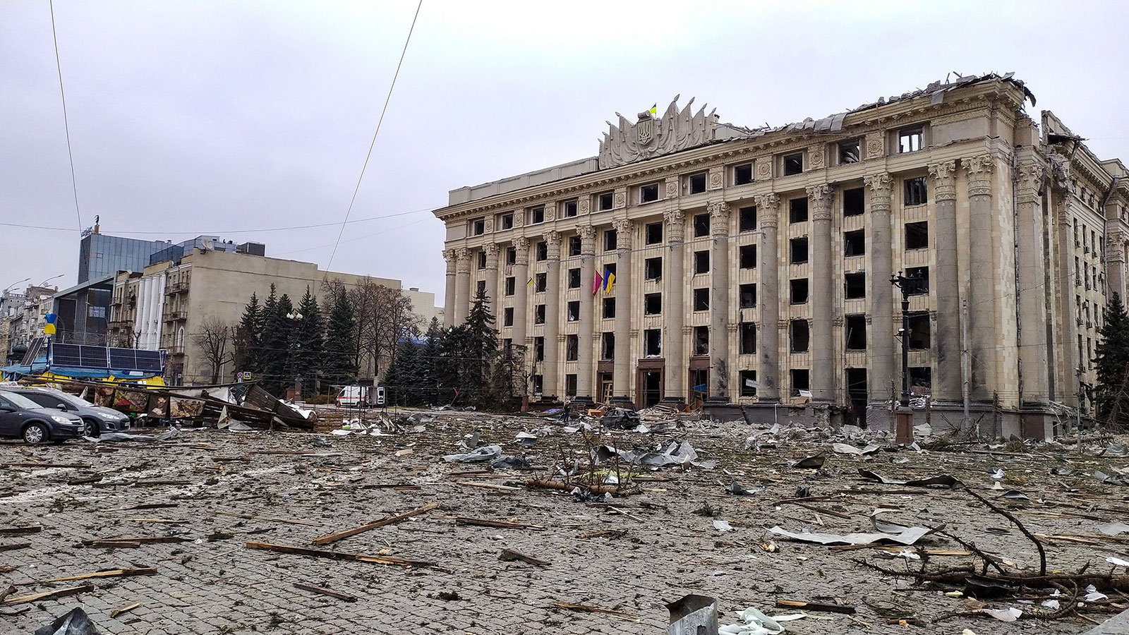 Damage is seen in Kharkiv after rocket strikes by Russian forces on March 1.