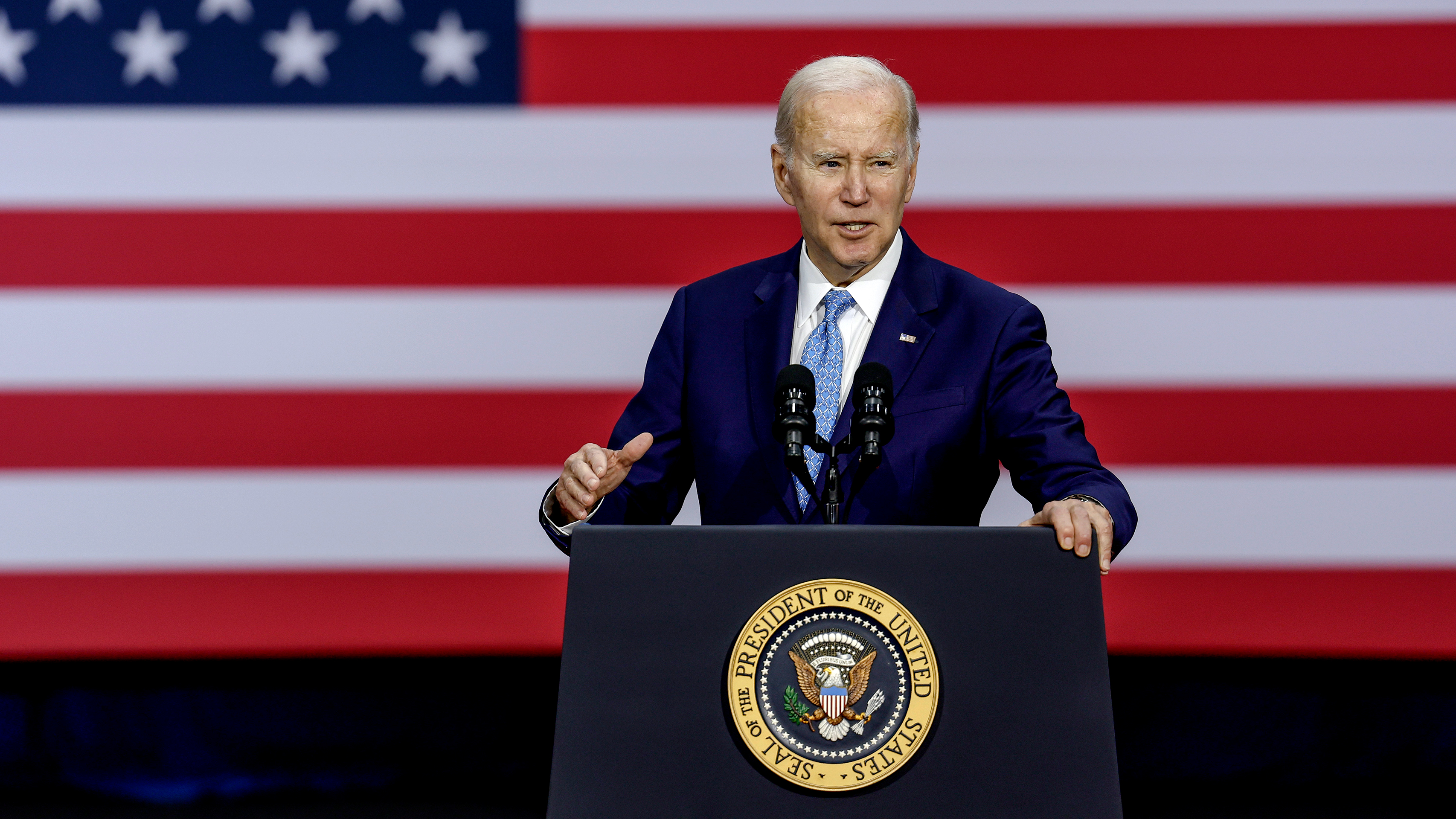 President Joe Biden delivers remarks at the Kempsville Recreation Center on February 28 in Virginia Beach, Virginia. 