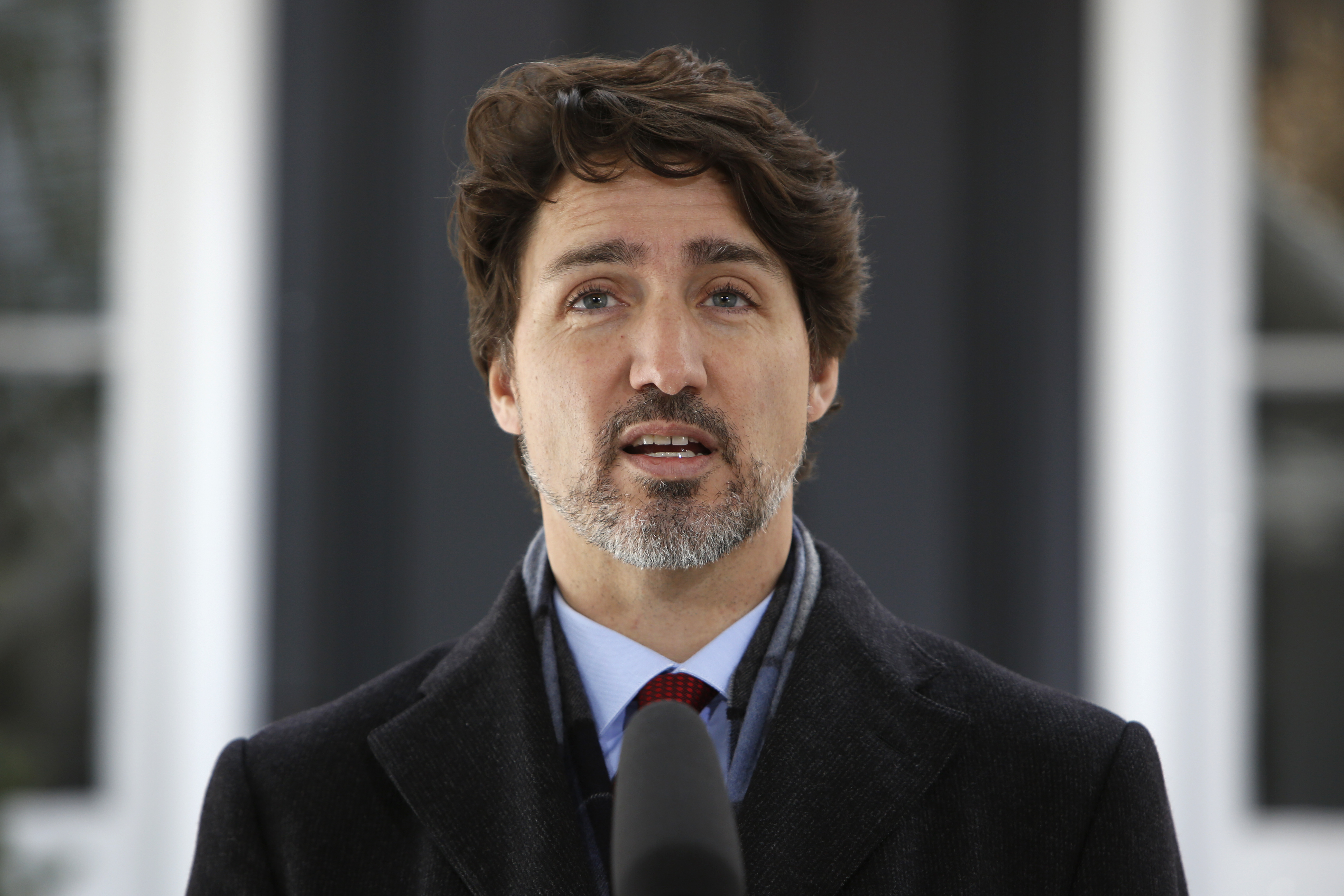 Justin Trudeau, Canada's prime minister, speaks during a news conference outside Rideau Cottage in Ottawa, Ontario, Canada, on Tuesday, April 14.