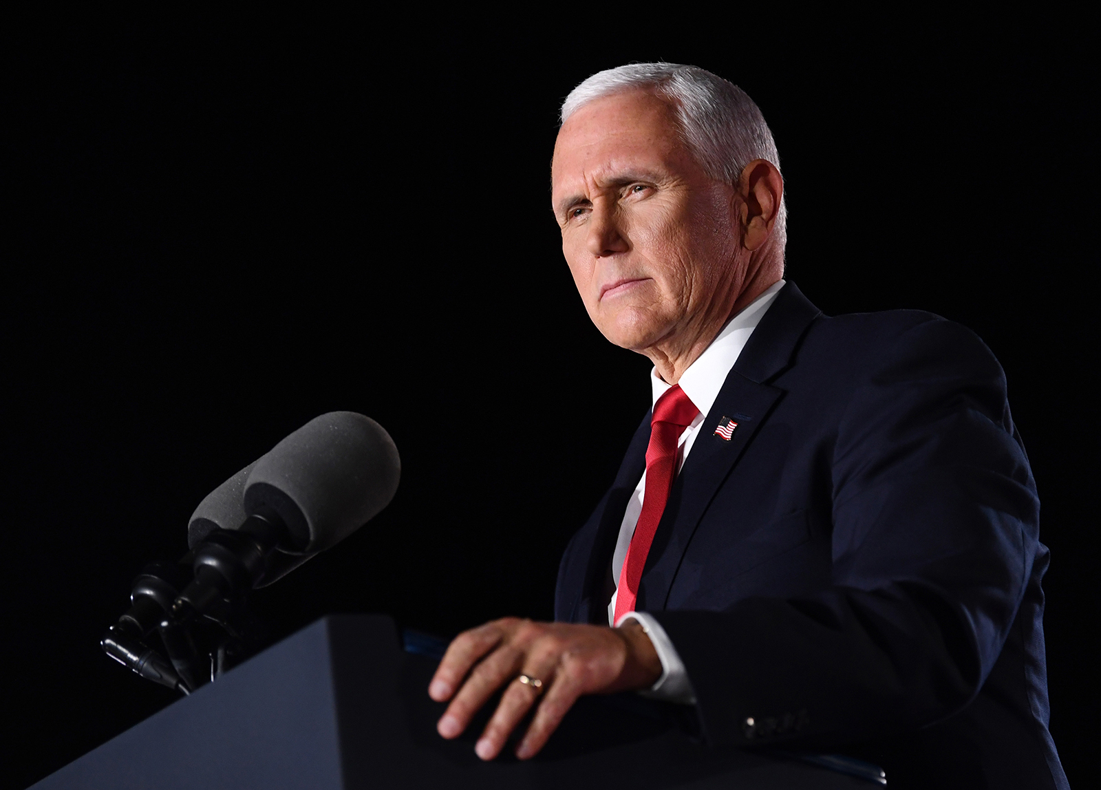 Vice President Mike Pence speaks on the third night of the Republican National Convention, at Ft. McHenry in Baltimore, Maryland on Wednesday, August 26.