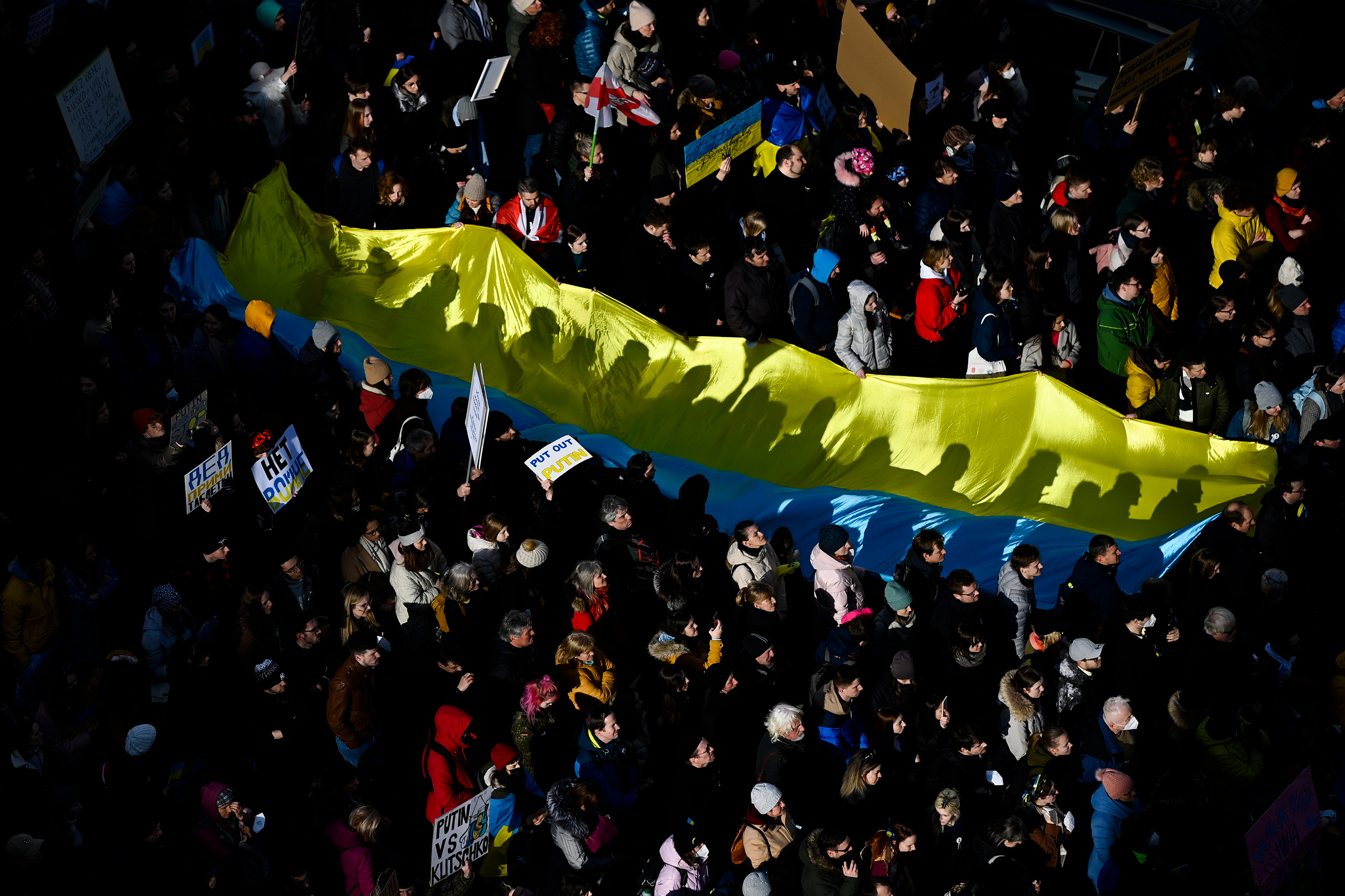People gather for a demonstration against Russia’s invasion of Ukraine on February 27 in Prague, Czech Republic.