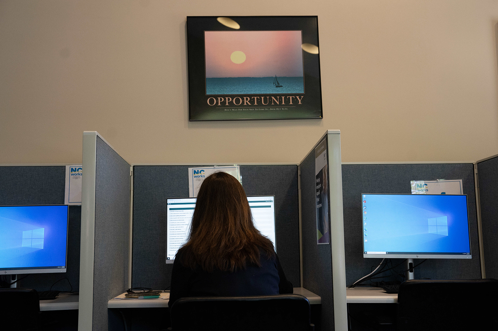An attendee fills out job applications at a Novant Health Career Fair at NC Works in Wilmington, North Carolina, on April 20.