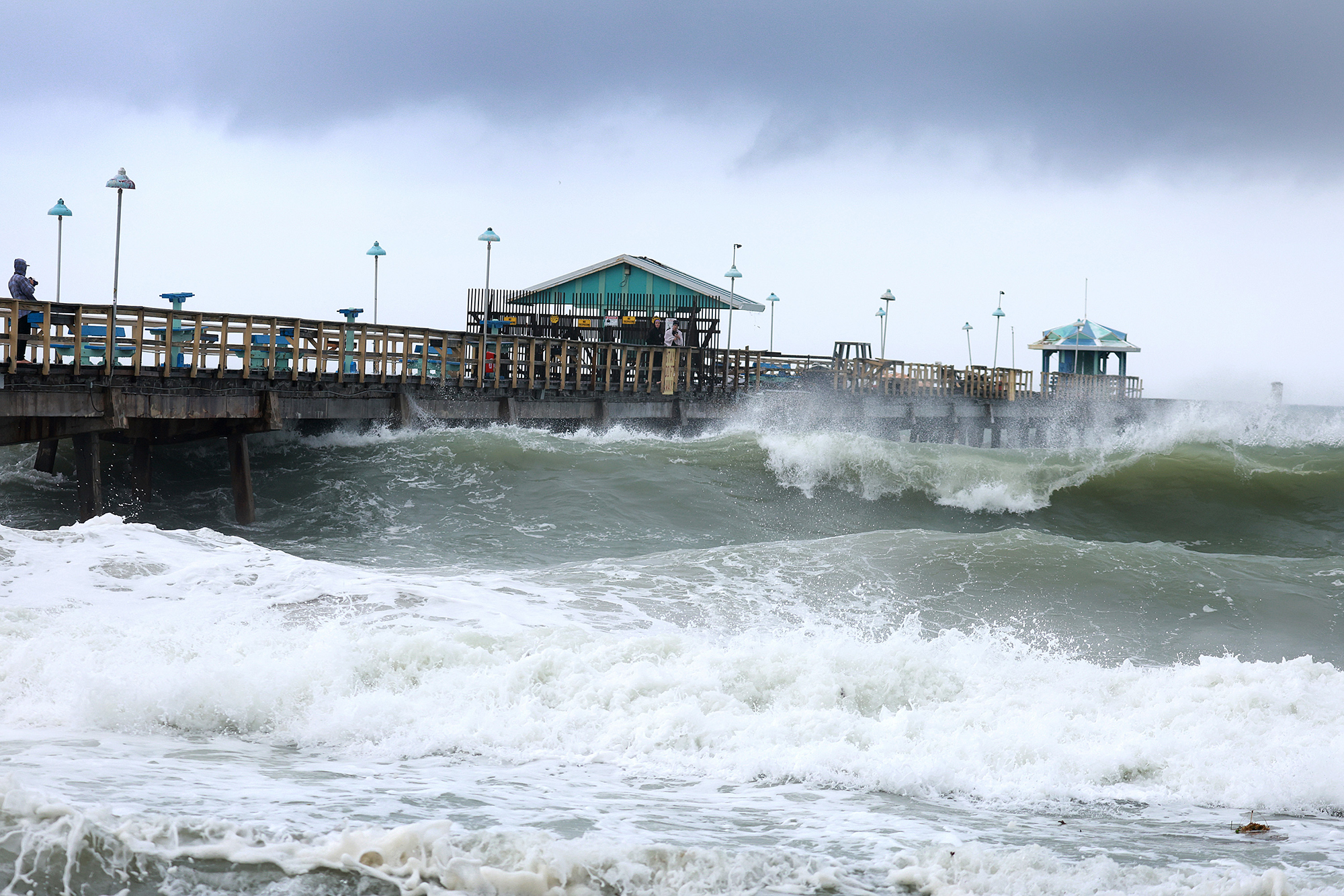 Big waves hit Anglin's Fishing Pier on November 9, in Lauderdale-By-The-Sea, Florida. 