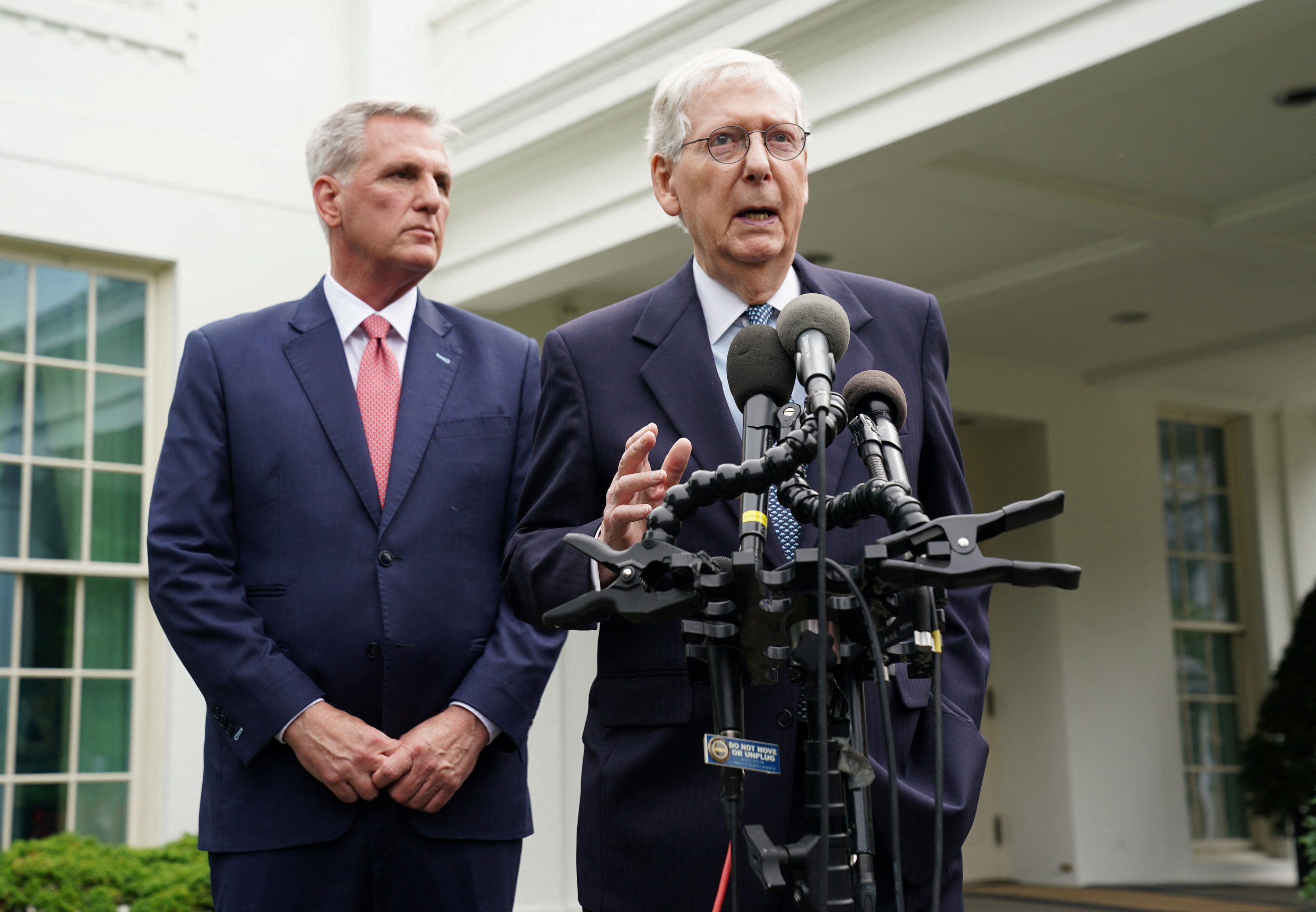 Senate Minority Leader Mitch McConnell (R-KY) and House Speaker Kevin McCarthy (R-CA) speak to reporters outside the West Wing following debt limit talks with President Joe Biden and Congressional leaders at the White House in Washington, D.C. on May 16, 2023.