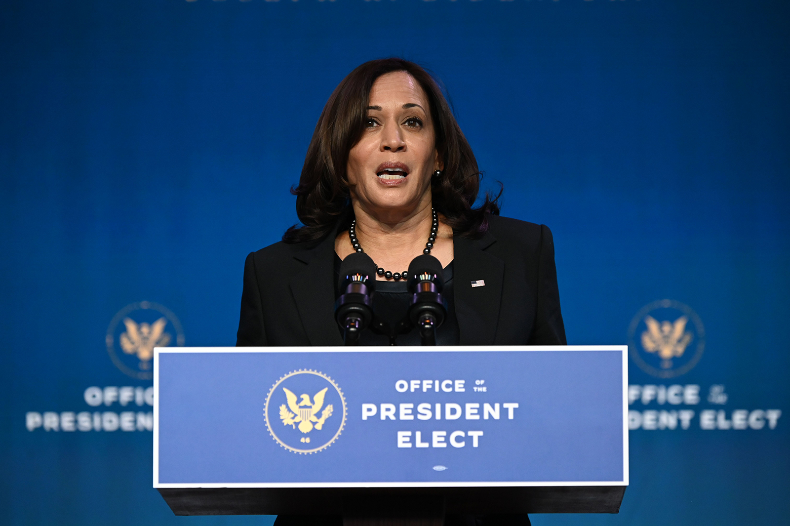US Vice President-elect Kamala Harris speaks after by US President-elect Joe Biden nominated their Justice Department team, at The Queen Theater on January 7, in Wilmington, Delaware.