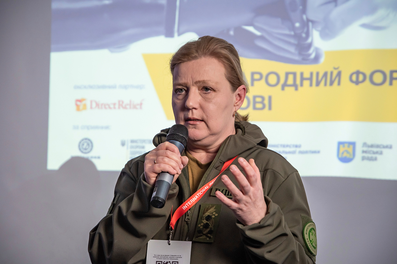 Yulia Laputina gives a speech in Lviv, Ukraine on April 12.