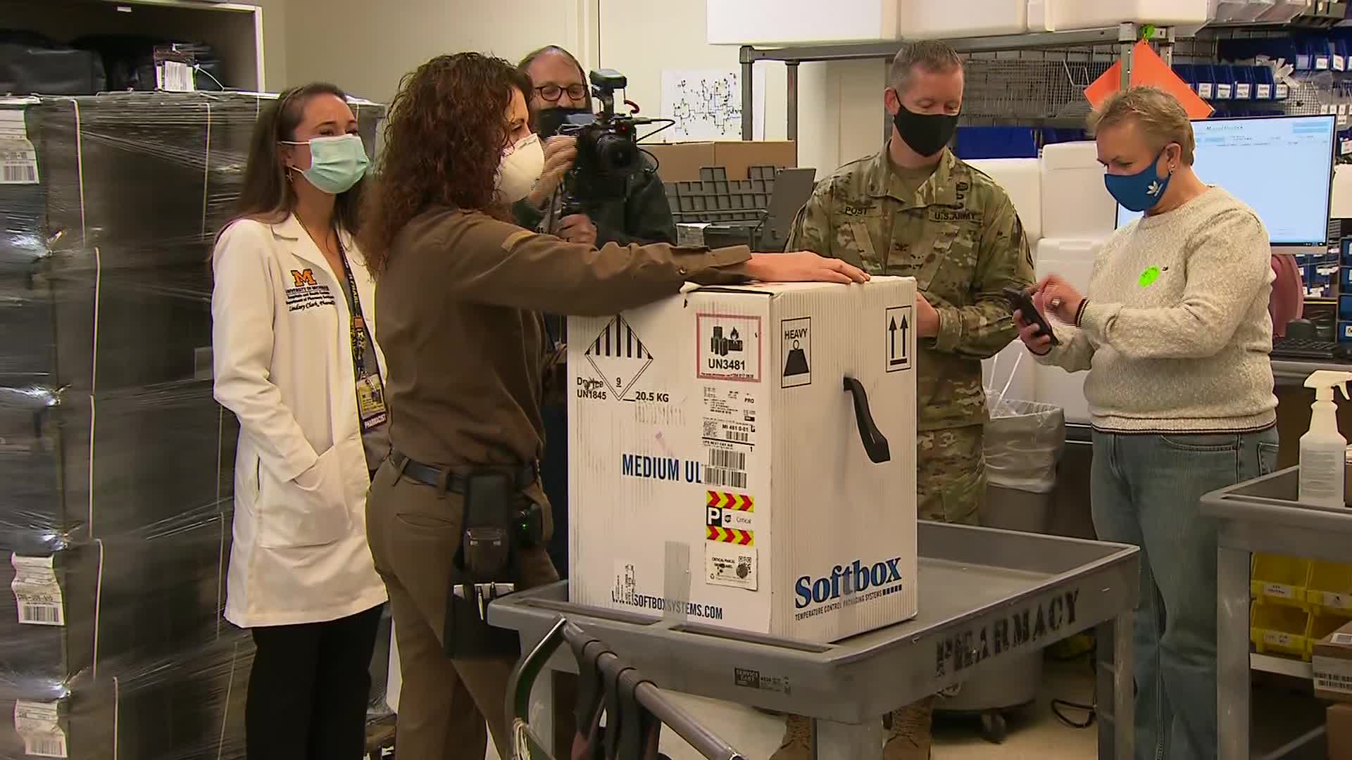 The first Pfizer vaccine shipment arrives via UPS at the University of Michigan Hospital in Ann Arbor on December 14.