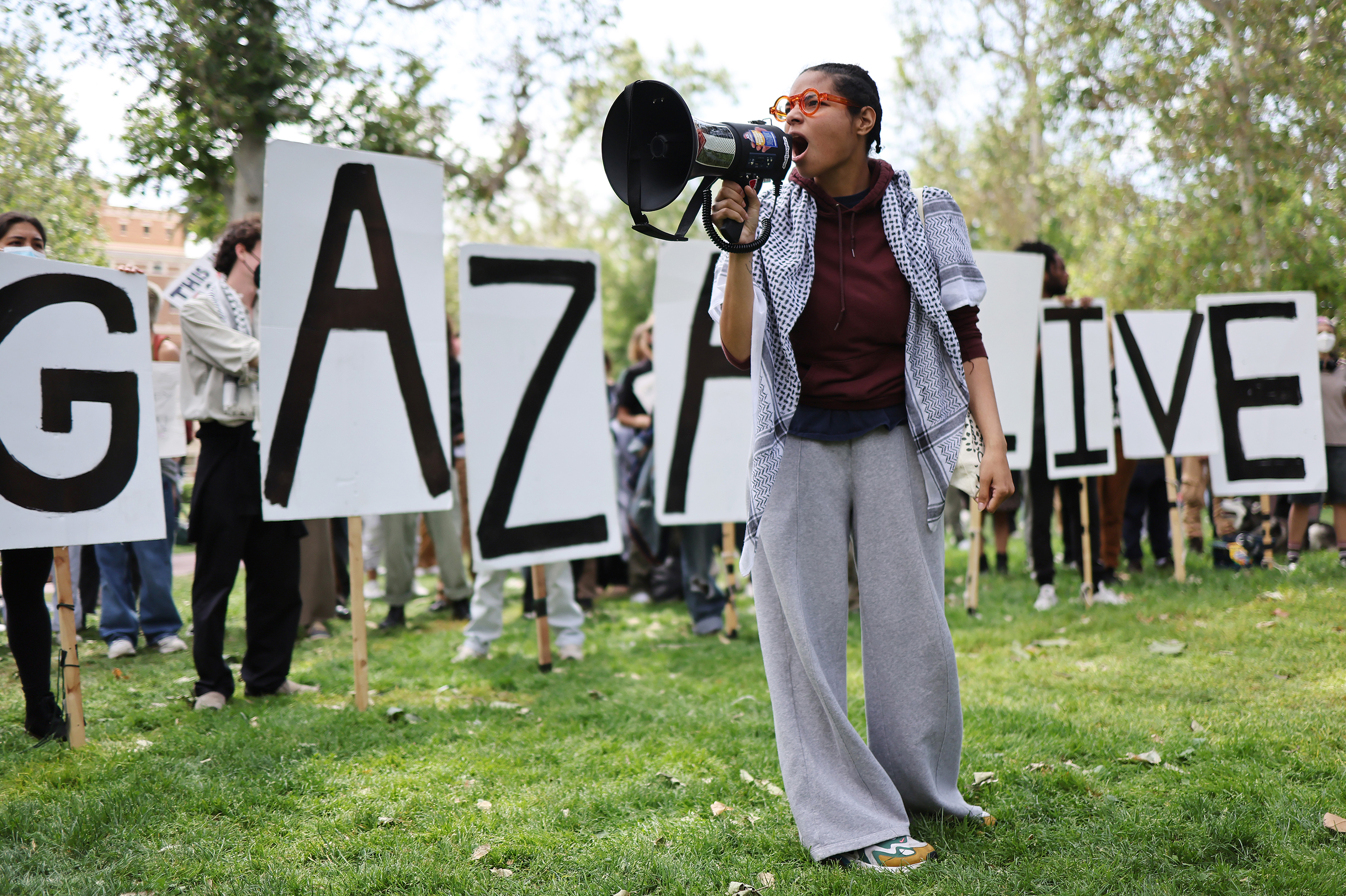 Pro-Palestine demonstrators rally at an encampment in support of Gaza at the University of Southern California on April 24, in Los Angeles, California.