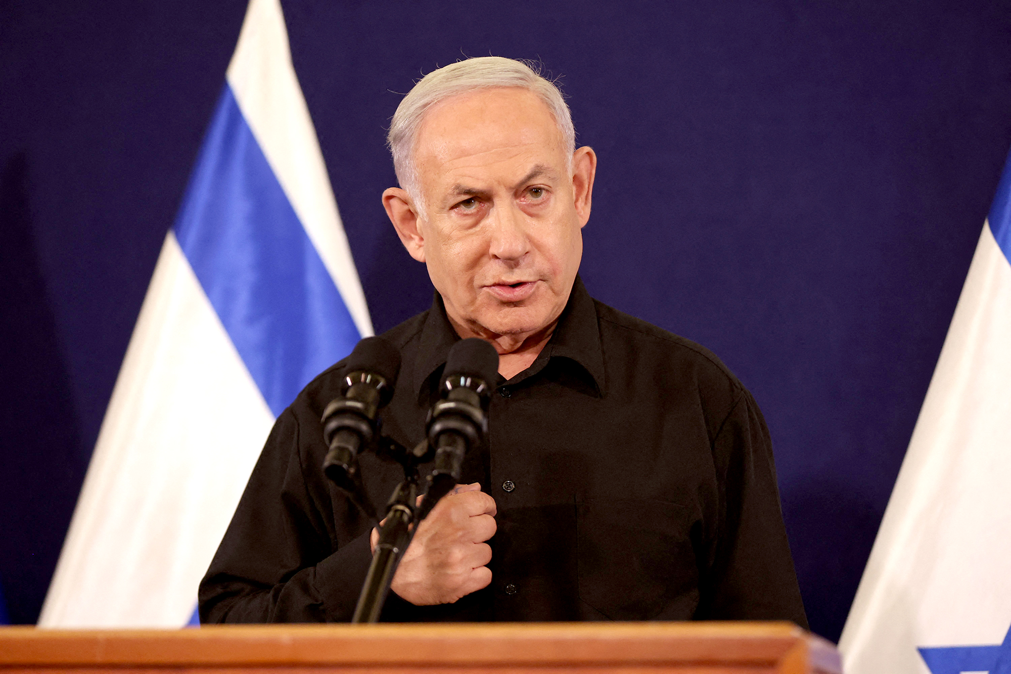Israeli Prime Minister Benjamin Netanyahu speaks during a press conference in the Kirya military base in Tel Aviv, Israel, on October 28.