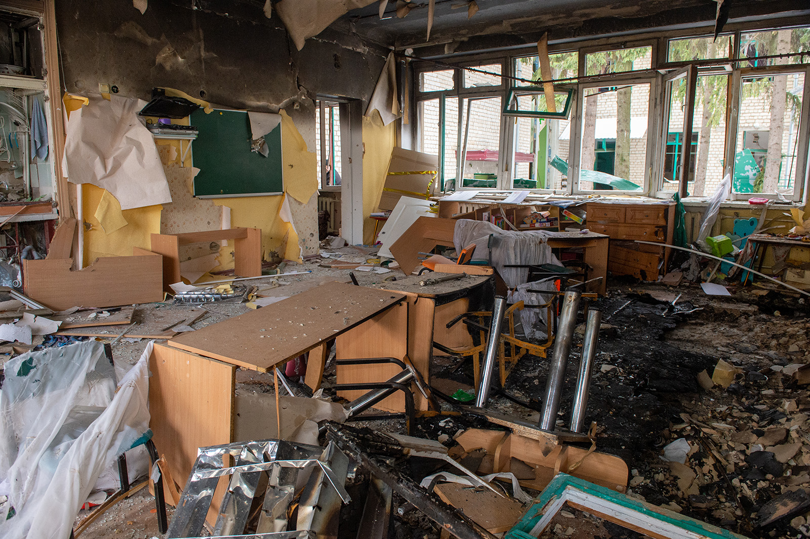 A kindergarten classroom damaged as a result of an explosion in Kharkiv, Ukraine, on March 13.
