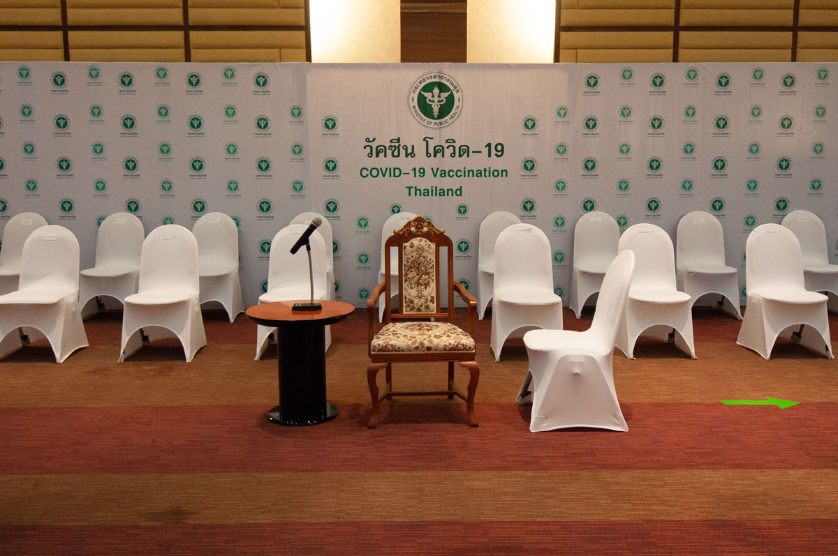 Empty chairs are seen at Bamrasnaradura Infectious Diseases Institute, where Thai Prime Minister Prayut Chan-O-Cha abruptly canceled plans to publicly get the AstraZeneca vaccine on March 12.