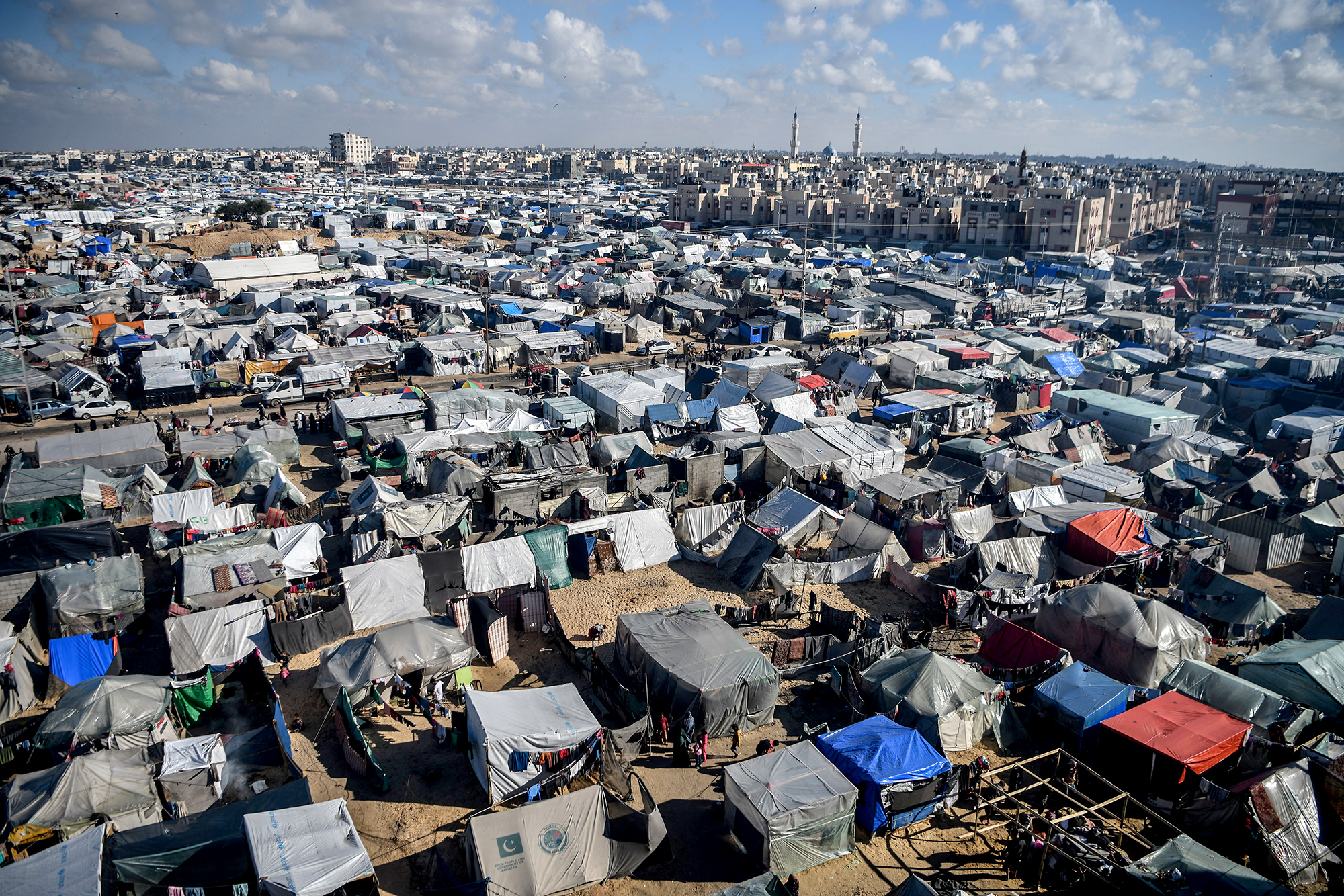 An aerial view of makeshift tents as Palestinian families seek refuge in the El-Mavasi district in Rafah, Gaza, on February 9.