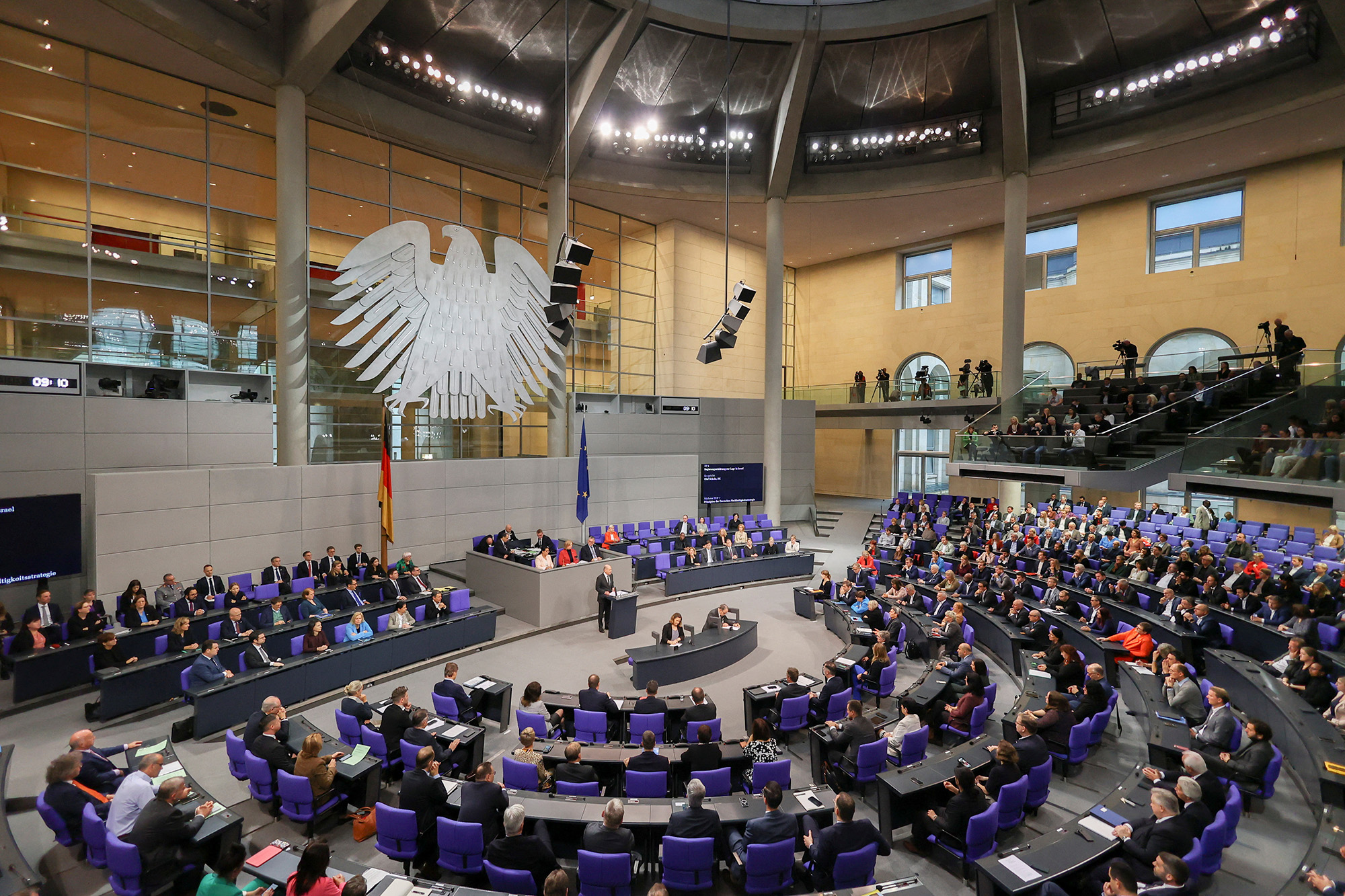 German Chancellor Olaf Scholz delivers a government statement on Israel during a lower house of parliament Bundestag session in Berlin, Germany, on October 12.