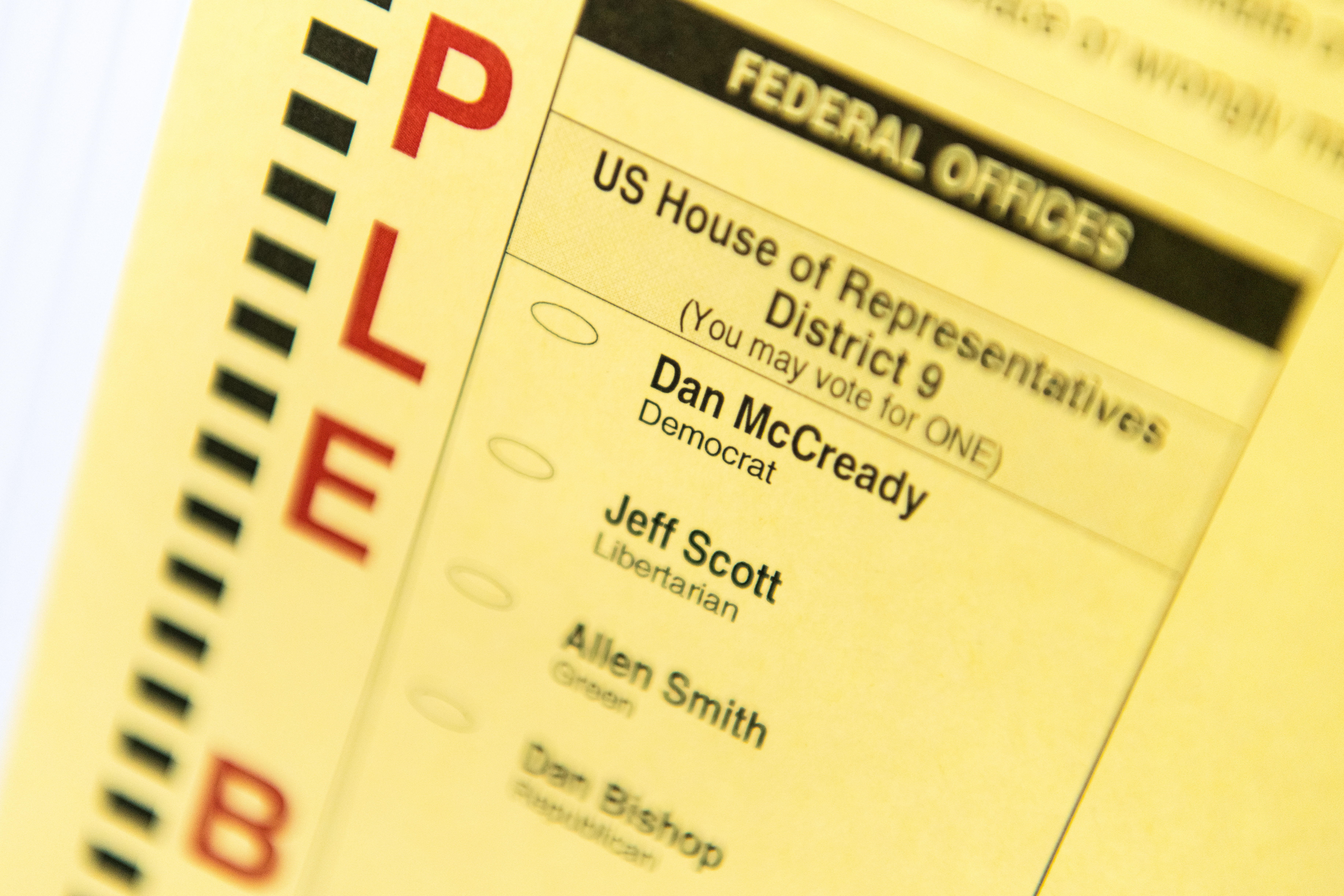 A sample ballot is displayed at a voting precinct during the special election between Democrat Dan McCready and Republican Dan Bishop in North Carolina's 9th Congressional District on Sept. 10, 2019 in Marshville, North Carolina. 