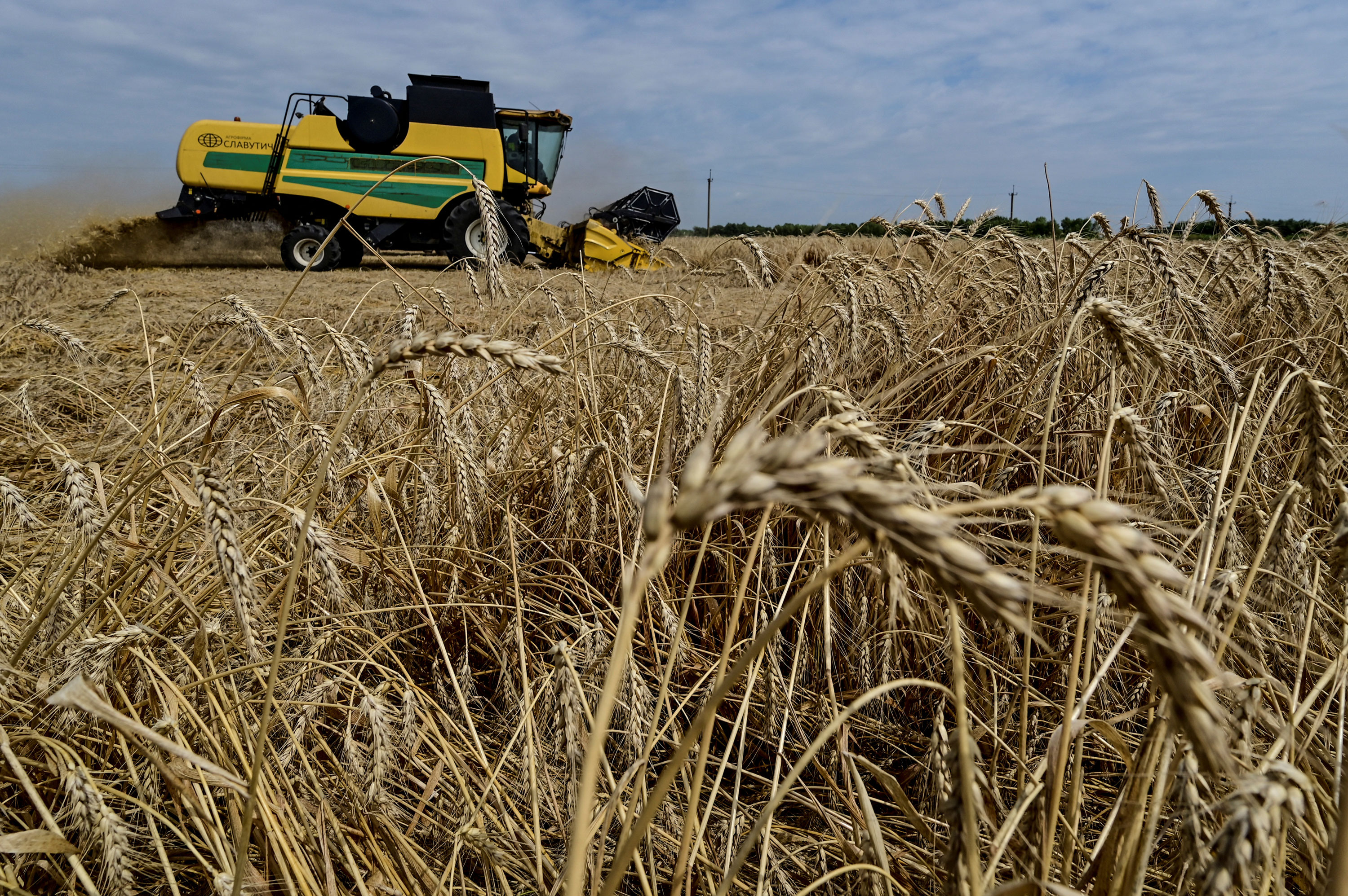An agricultural worker operates a combine during a wheat harvesting in a field in Zaporizhzhia region, Ukraine, on July 14, 2023.