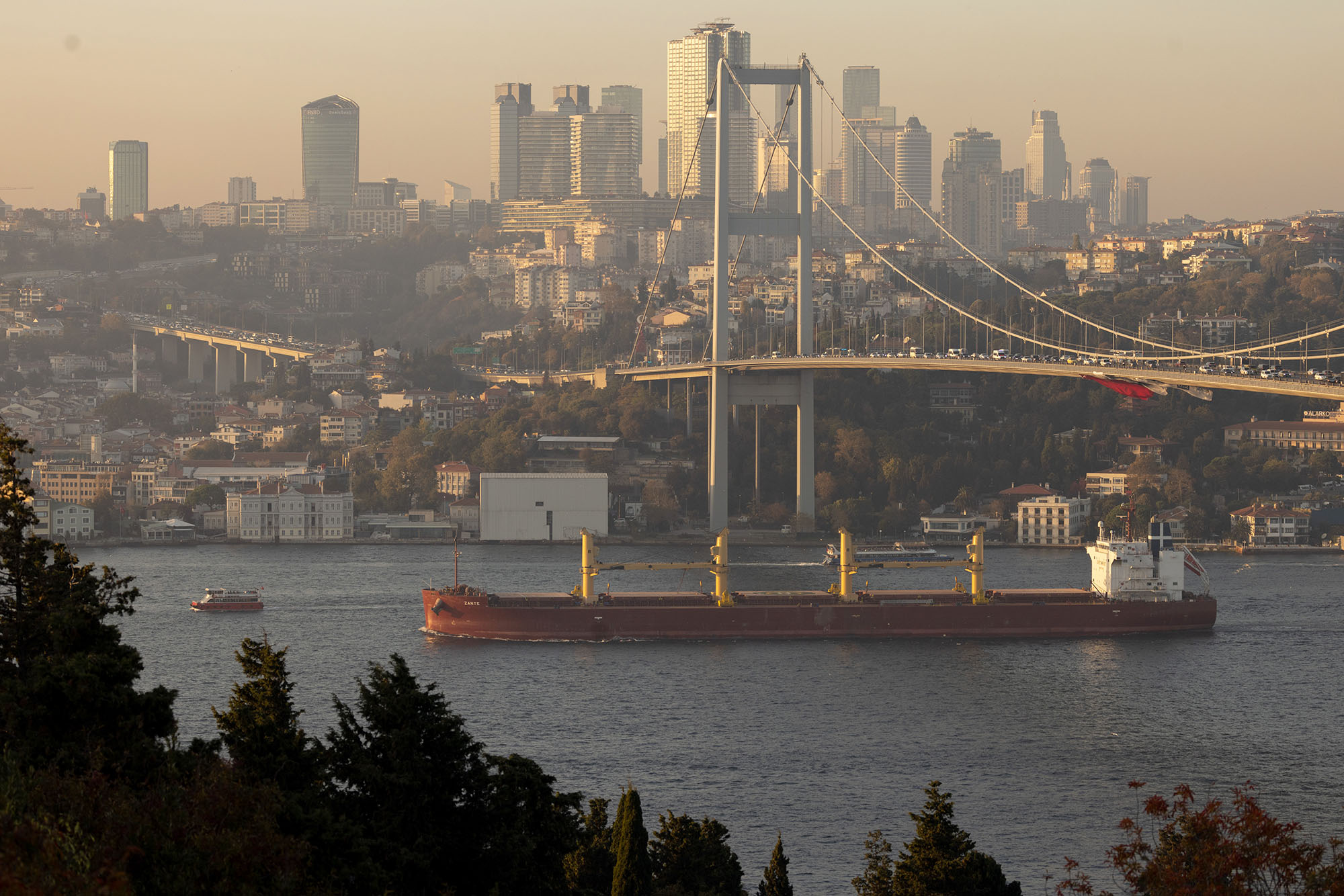 The Malta flagged bulk carrier Zante en-route to Belgium transits the Bosphorus carrying 47,270 metric tons of rapeseed from Ukraine on November 2, in Istanbul, Turkey.
