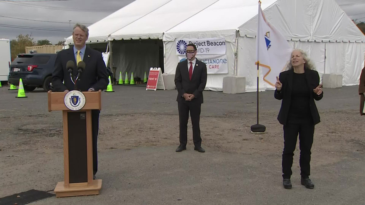 Governor Charlie Baker speaks at a new coronavirus testing site in Revere, Massachusetts on October 20.