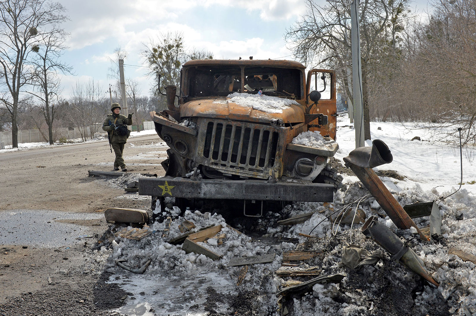 A destroyed Russian army multiple rocket launcher is seen on the outskirts of Kharkiv on March 16.