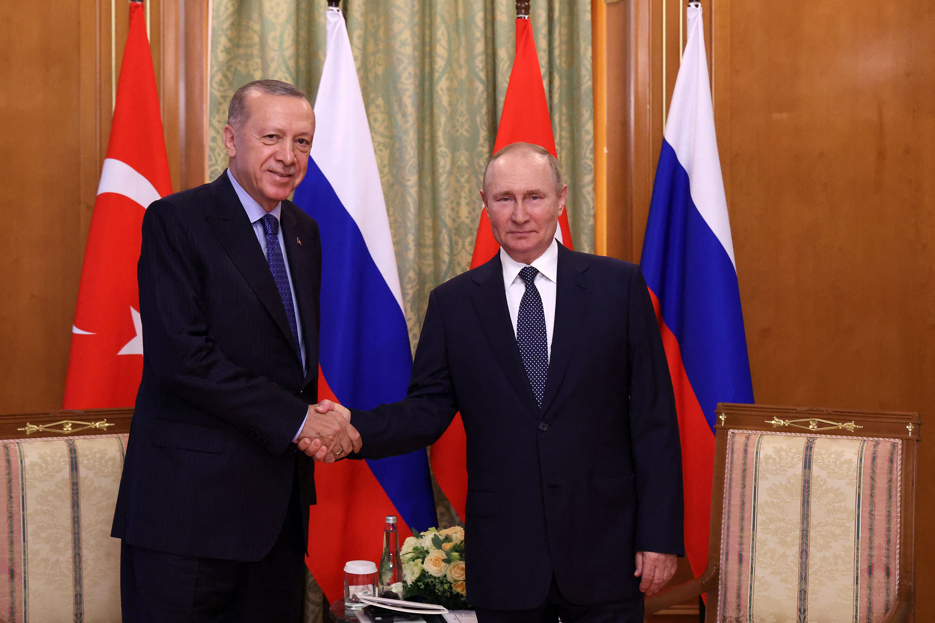 Russian President Vladimir Putin (R) shakes hands with Turkish President Recep Tayyip Erdoğan (L) during a meeting in Sochi, on August 5.