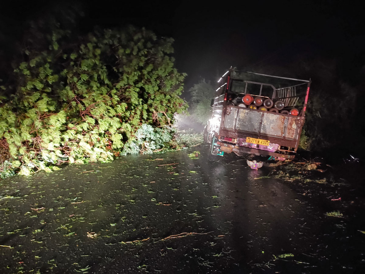 A truck loaded with oxygen cylinders is stuck beside trees that fell due to the impact of Cyclone Tauktae in Gujarat state, India on May 17.