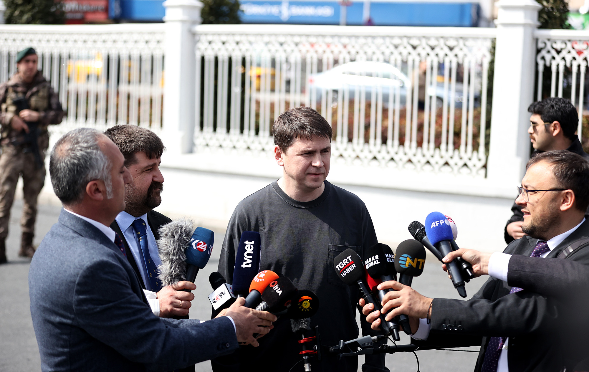 Ukrainian delegation member Mykhailo Podolyak makes a press statement after the talks between delegations from Russia and Ukraine at Dolmabahce Presidential Office in Istanbul, Turkey, on March 29.