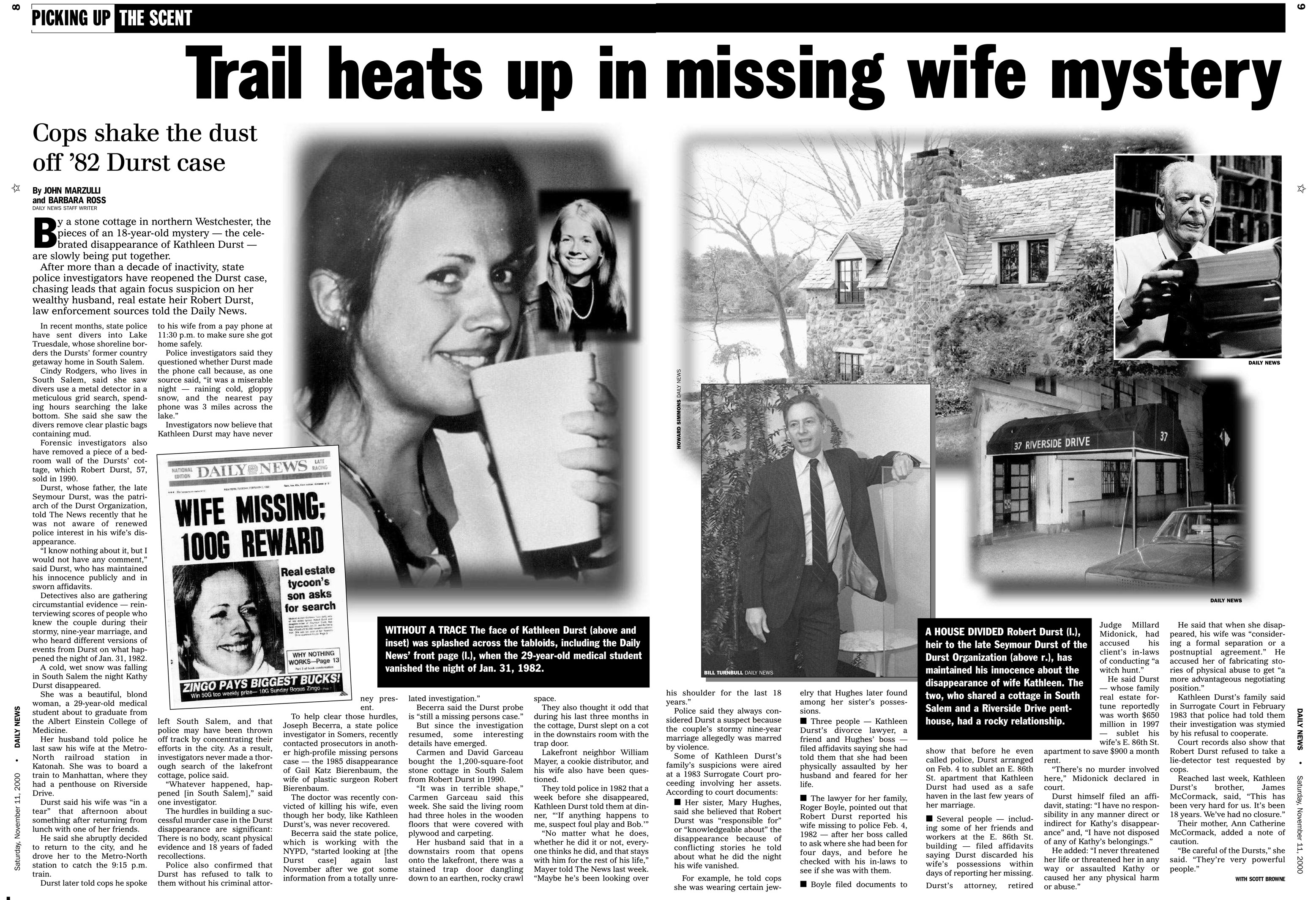 A spread in the New York Daily News from November 2000 details the disappearance of Kathleen Durst in 1982.