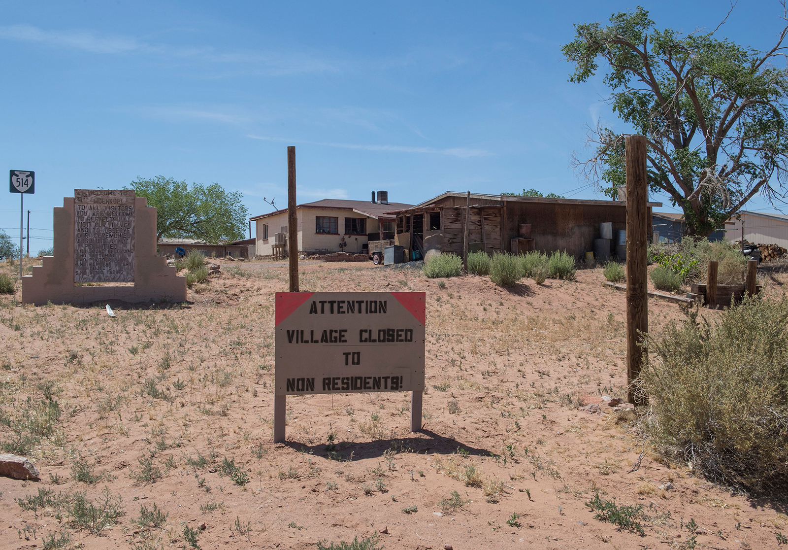 A sign warning non-residents to stay out of the Navajo Nation town of Tuba City during a 57-hour curfew, imposed to try to stop the spread of the Covid-19 virus through the Navajo Nation, in Arizona on May 24.
