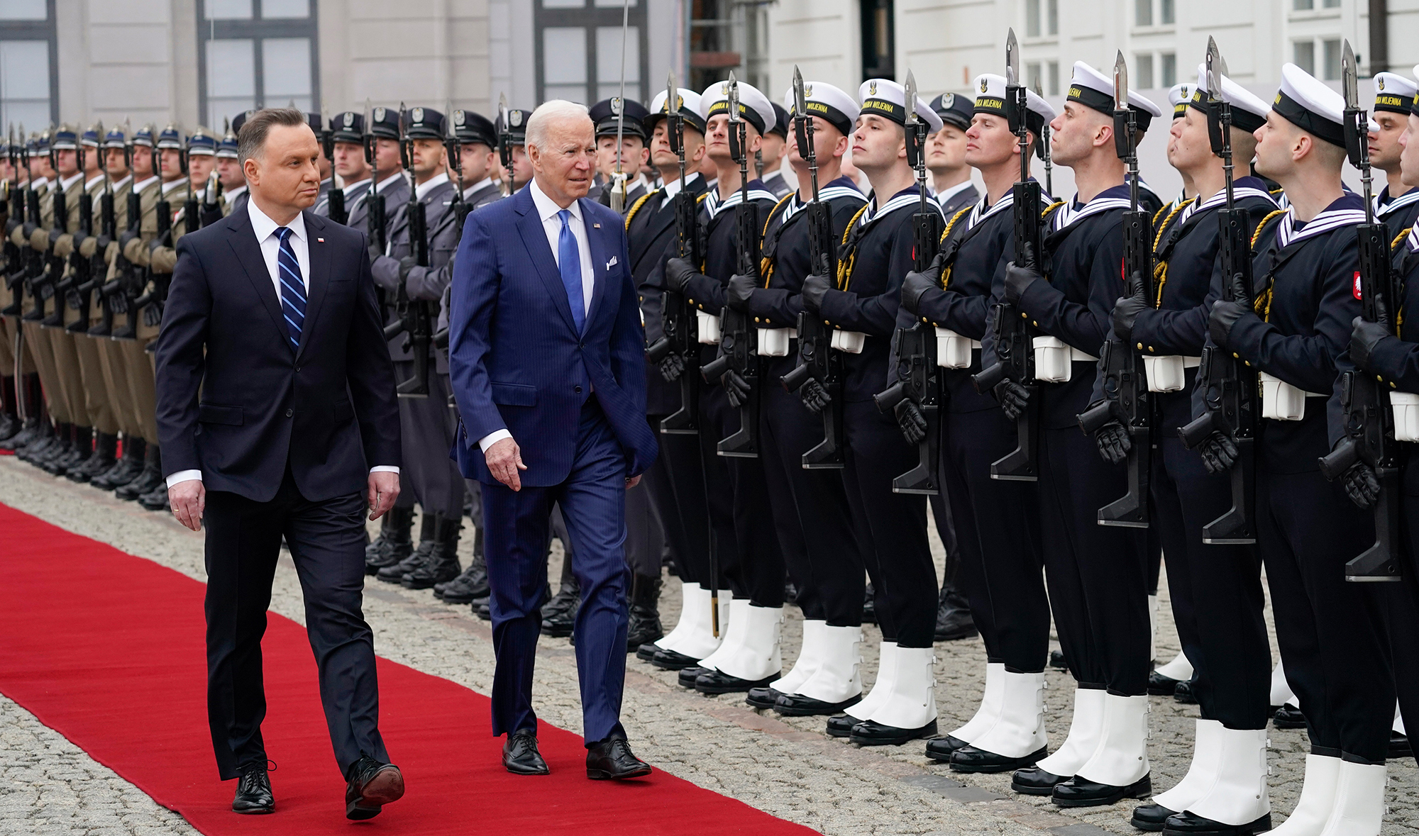 US President Joe Biden participates in an arrival ceremony with Polish President Andrzej Duda on March 26 in Warsaw, Poland. 