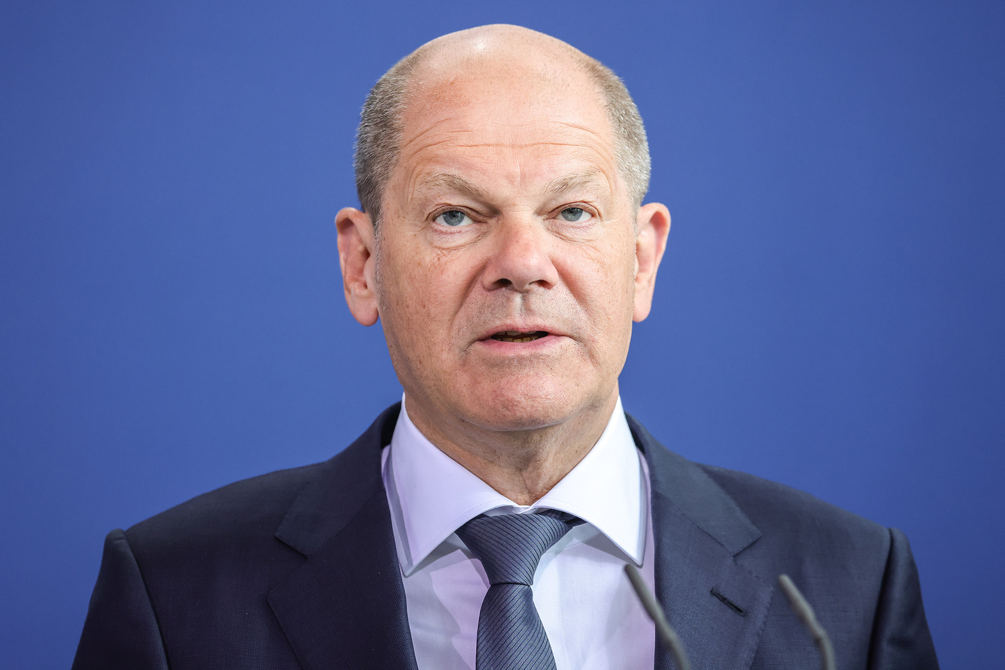 German Chancellor Olaf Scholz attends a press conference at the Chancellery on May 4, in Berlin, Germany.