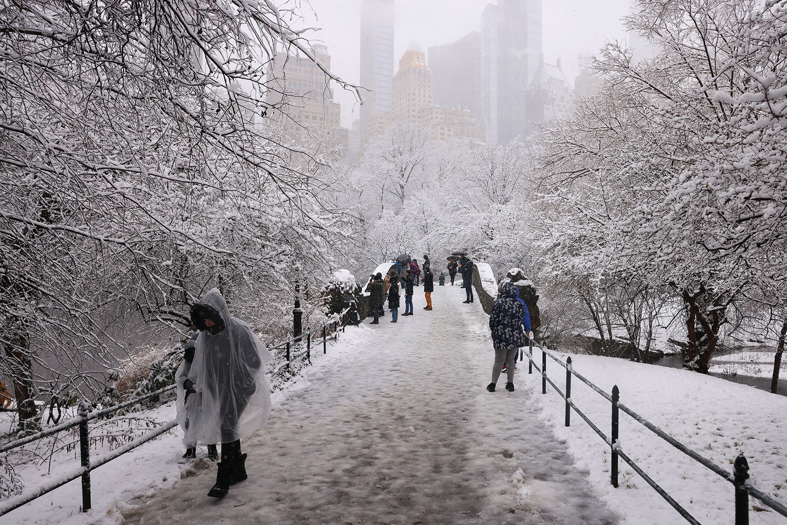 People walk through the falling snow in Central Park on Tuesday in New York.
