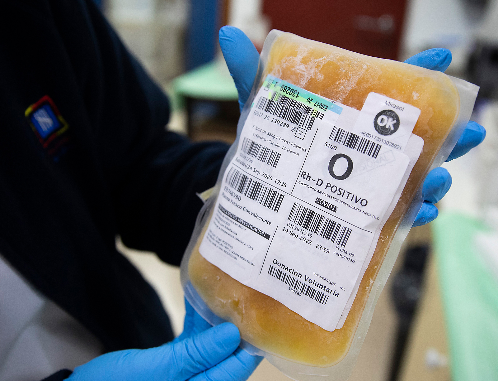 A laboratory technician shows a bag of frozen blood plasma from a donor who has recovered from Covid-19 at The Blood and Tissue Bank Foundation in Palma de Mallorca, Spain, on October 5.
