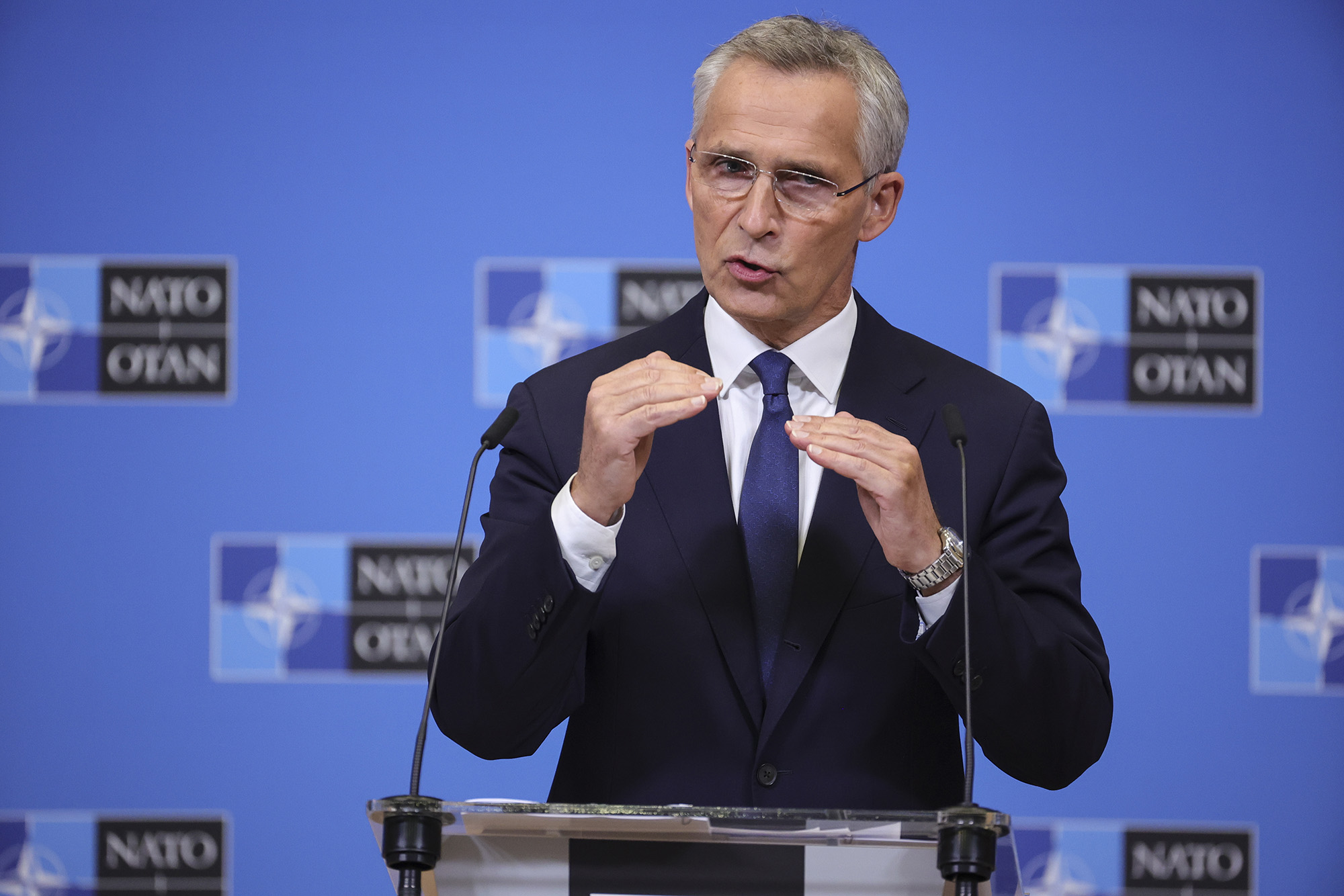 NATO Secretary-General Jens Stoltenberg holds a press conference at the NATO headquarters in Brussels, Belgium, on October 11.