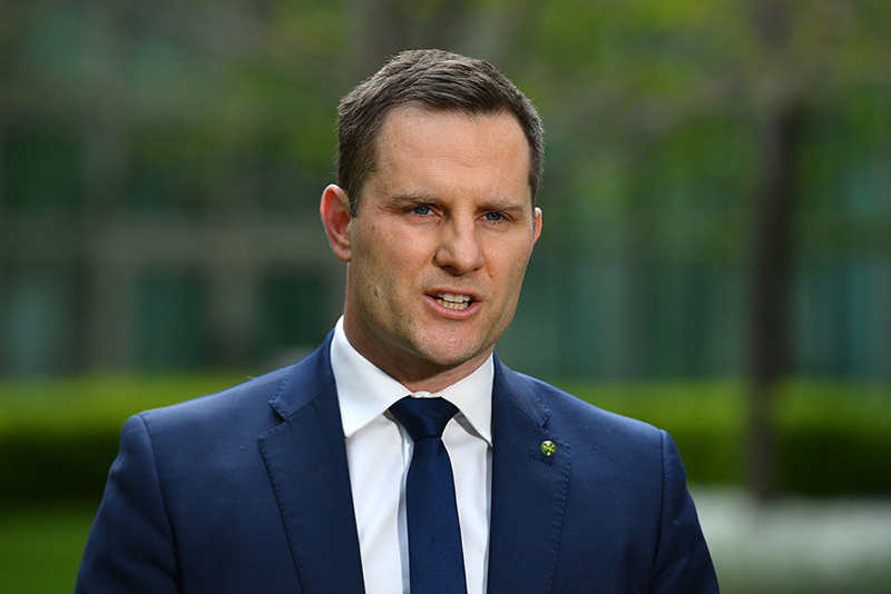 Minister for Immigration Alex Hawke at a press conference at Parliament House in Canberra, Wednesday, October 20, 2021. 
