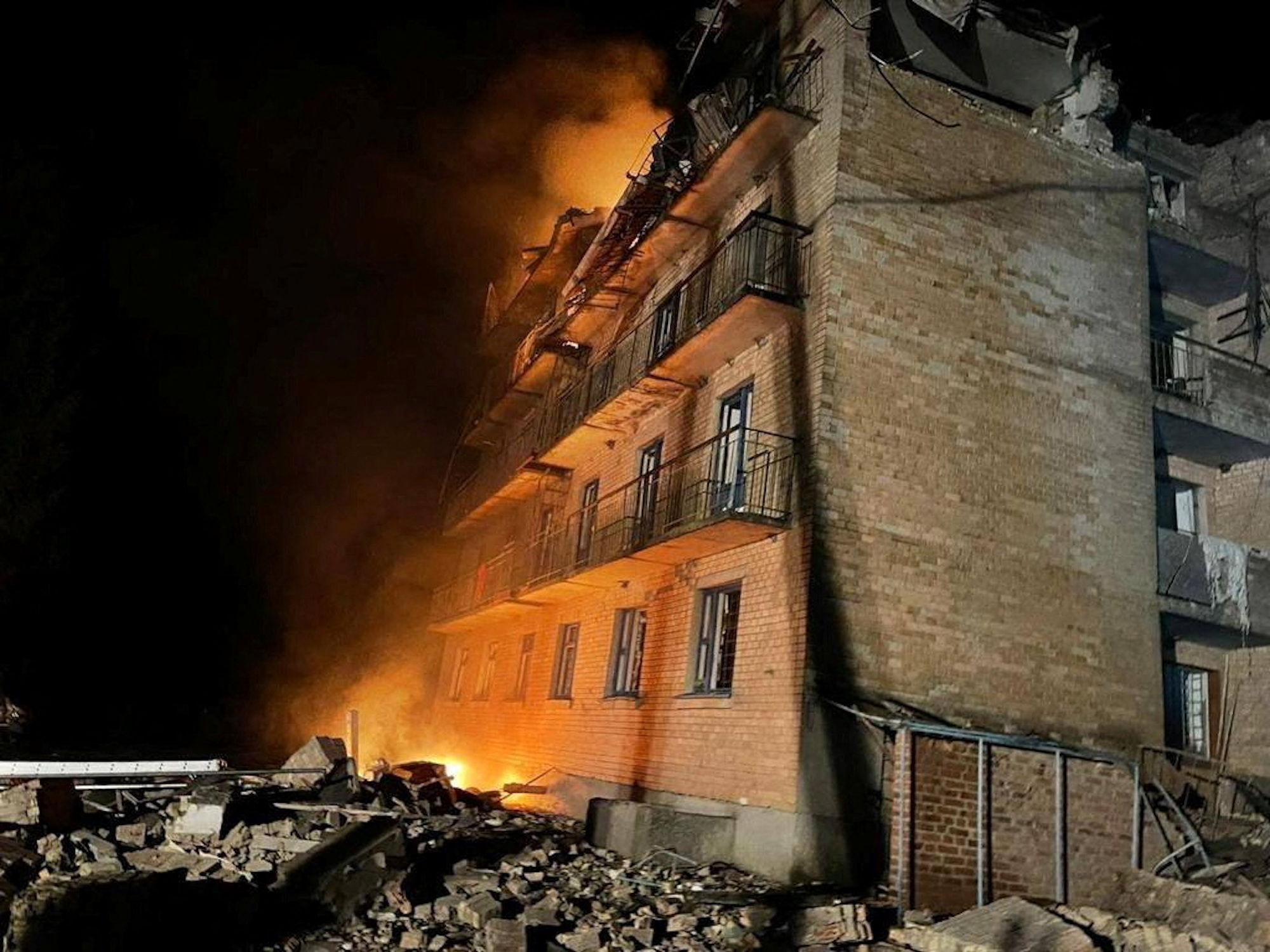 A view shows the building heavily damaged by a Russian drone strikes in the town of Rzhyshchiv, in Kyiv region on Wednesday.