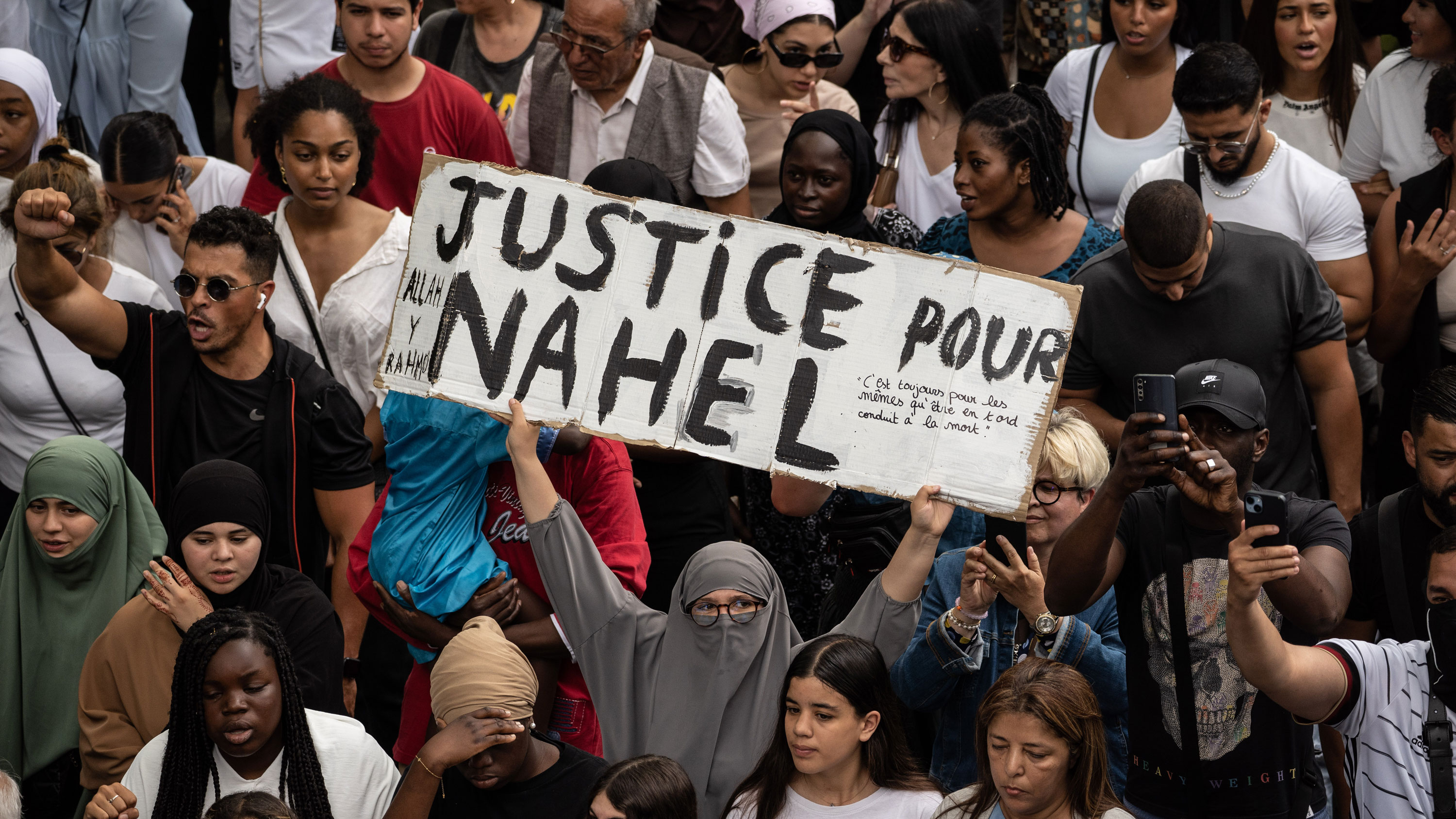 Crowds protest during a memorial march for French teenager, Nahel, who was killed by police on June 29 in Nanterre, France.