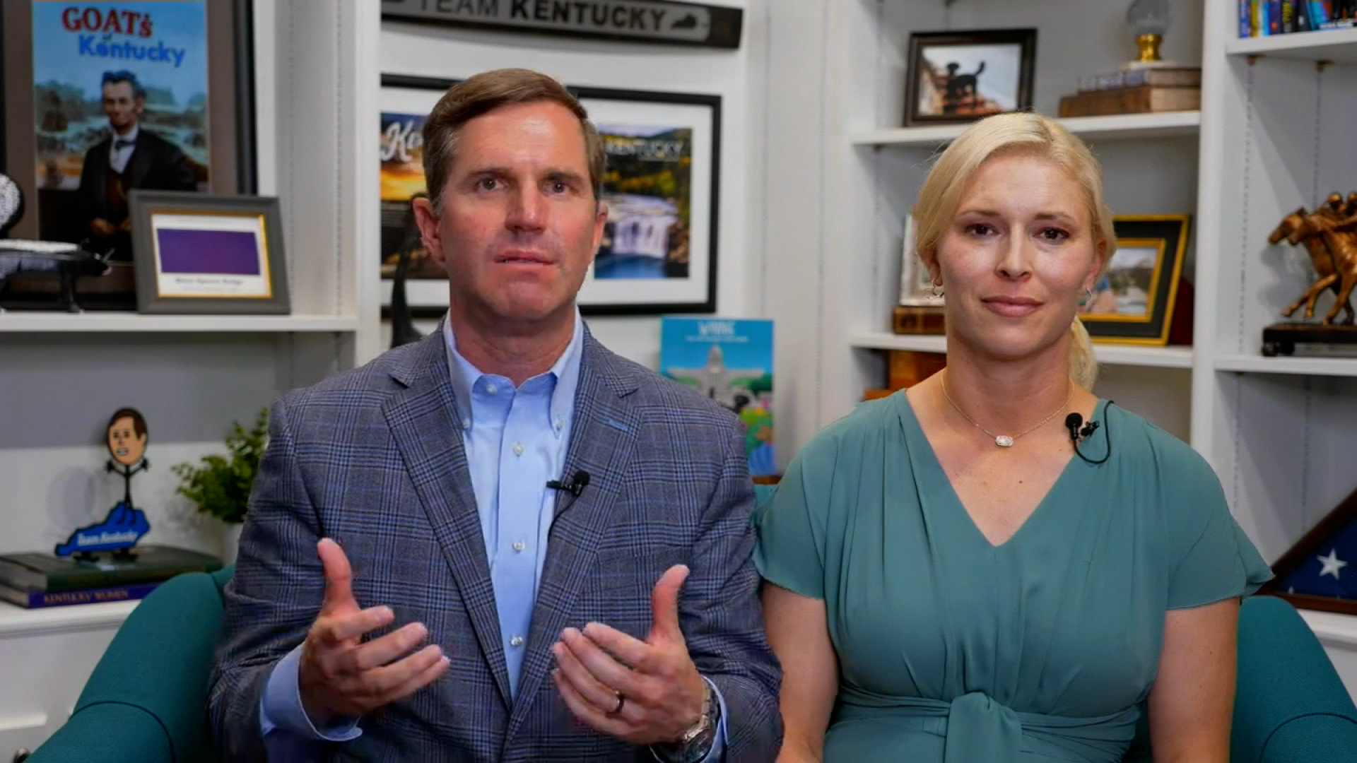 Andy Beshear and his wife, Britainy, are pictured during an interview with CNN’s Kate Bouldan on November 8.