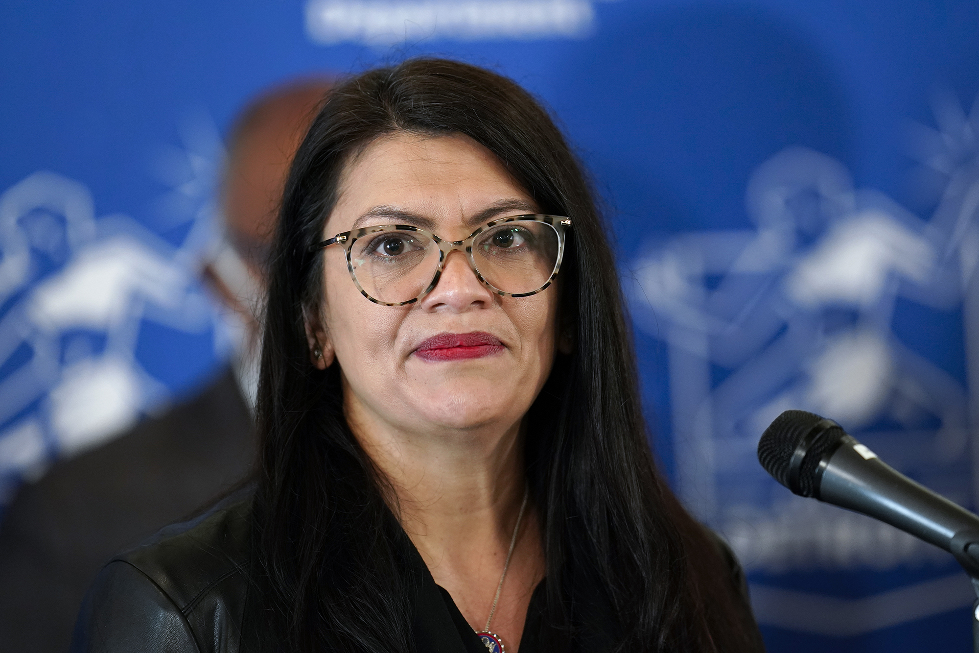 Rashida Tlaib attends a news conference in Detroit, Michigan, on February 18, 2022.